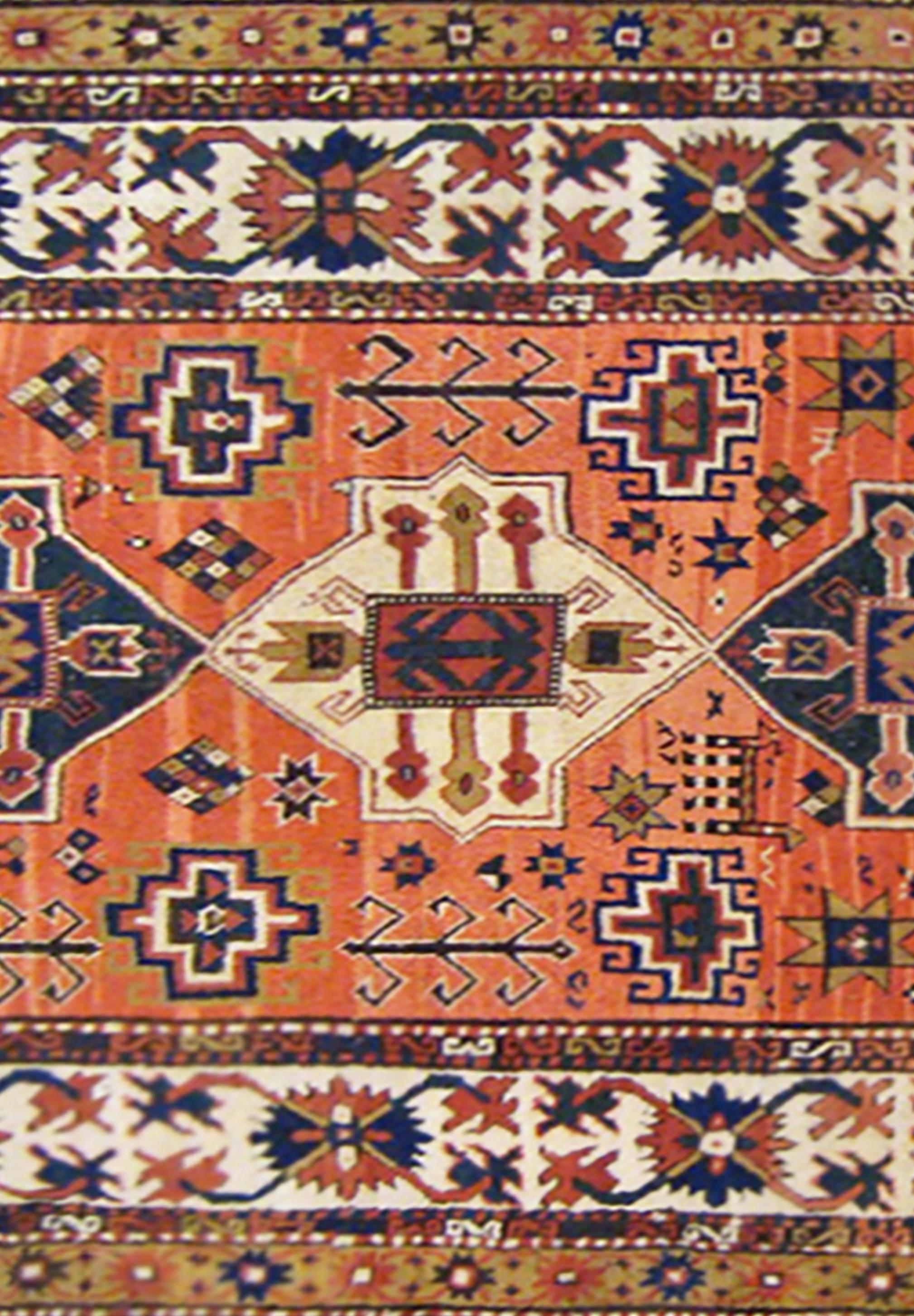 Antique Caucasian Kazak Oriental Rug in Room Size with Three Medallions In Good Condition For Sale In New York, NY