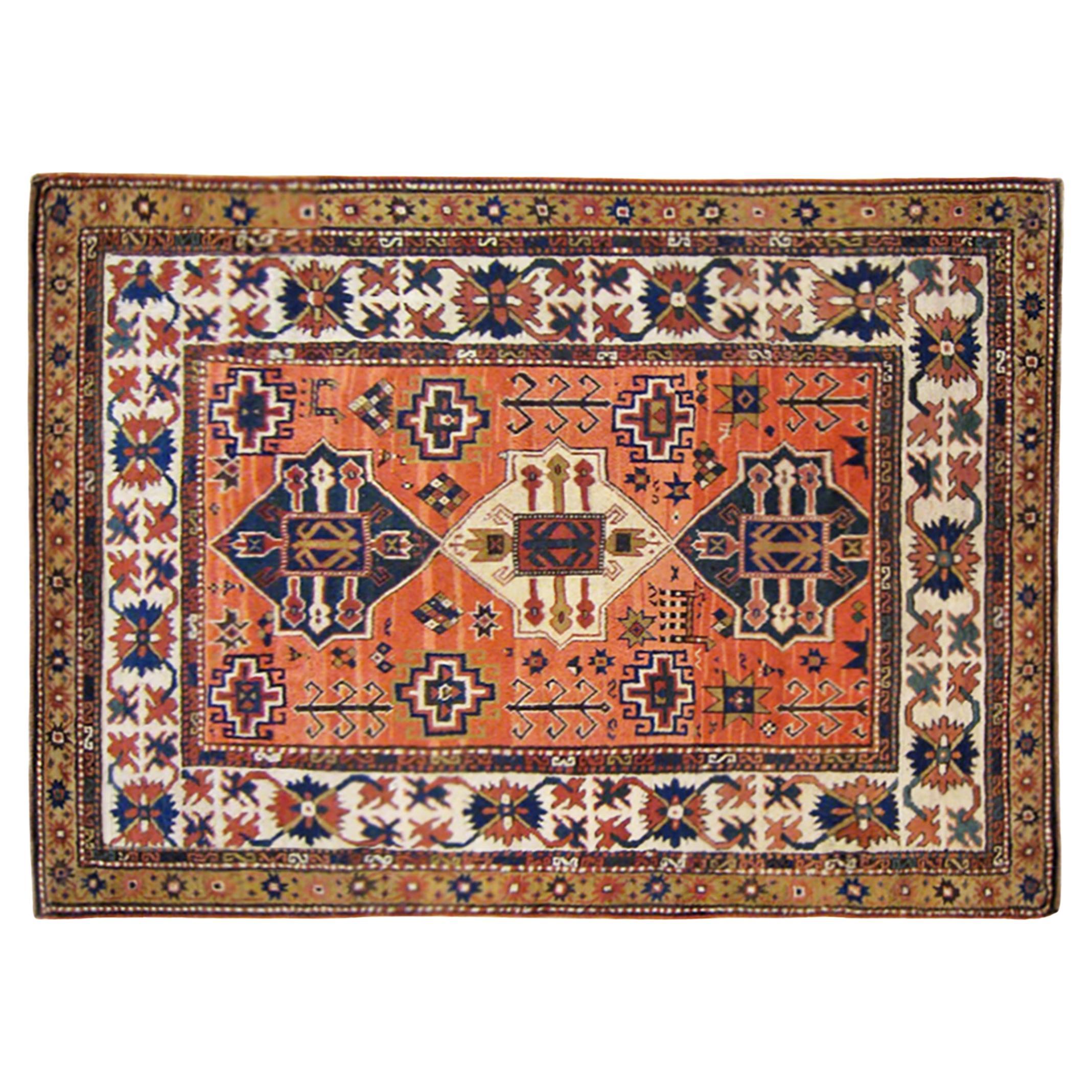 Antique Caucasian Kazak Oriental Rug in Room Size with Three Medallions For Sale