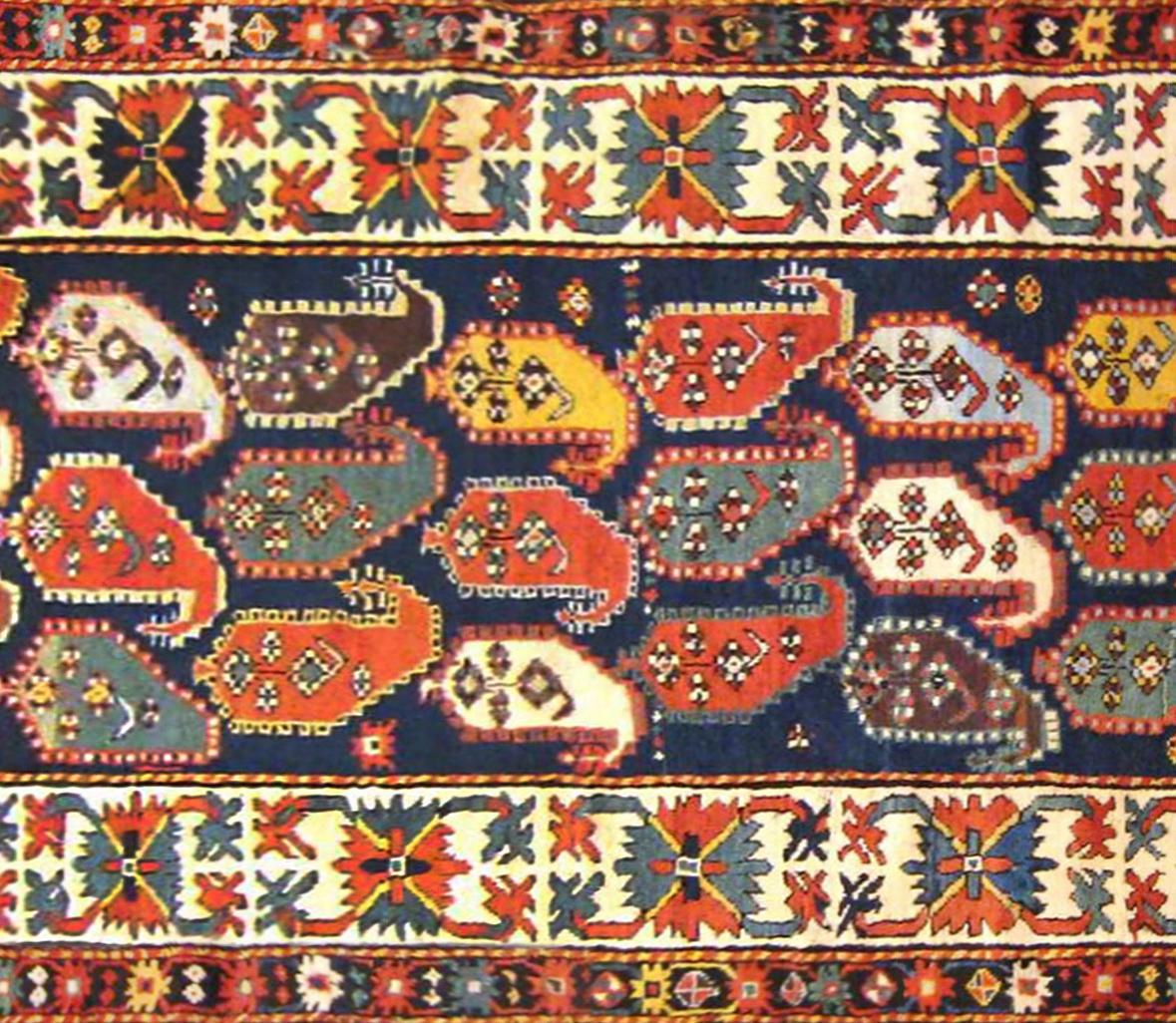 Antique Caucasian Kazak Oriental Rug in Runner Size with Paisley Design In Good Condition For Sale In New York, NY