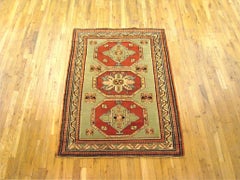 Antique Caucasian Kazak Oriental Rug, in Small Squarish Size w/ Green Background