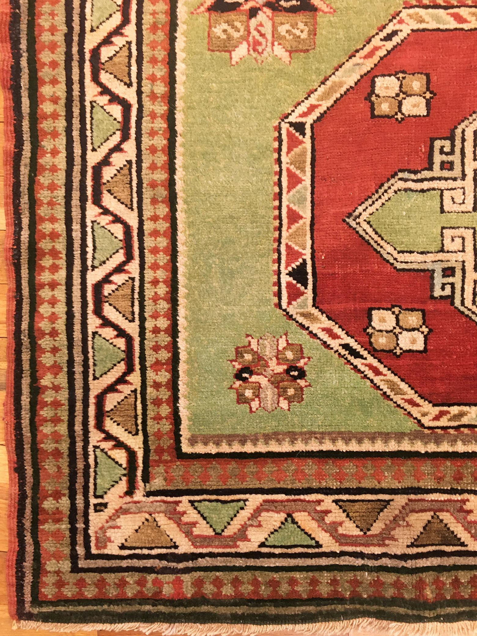 Antique Caucasian Kazak Oriental Rug, in Small Squarish Size w/ Green Background For Sale 1