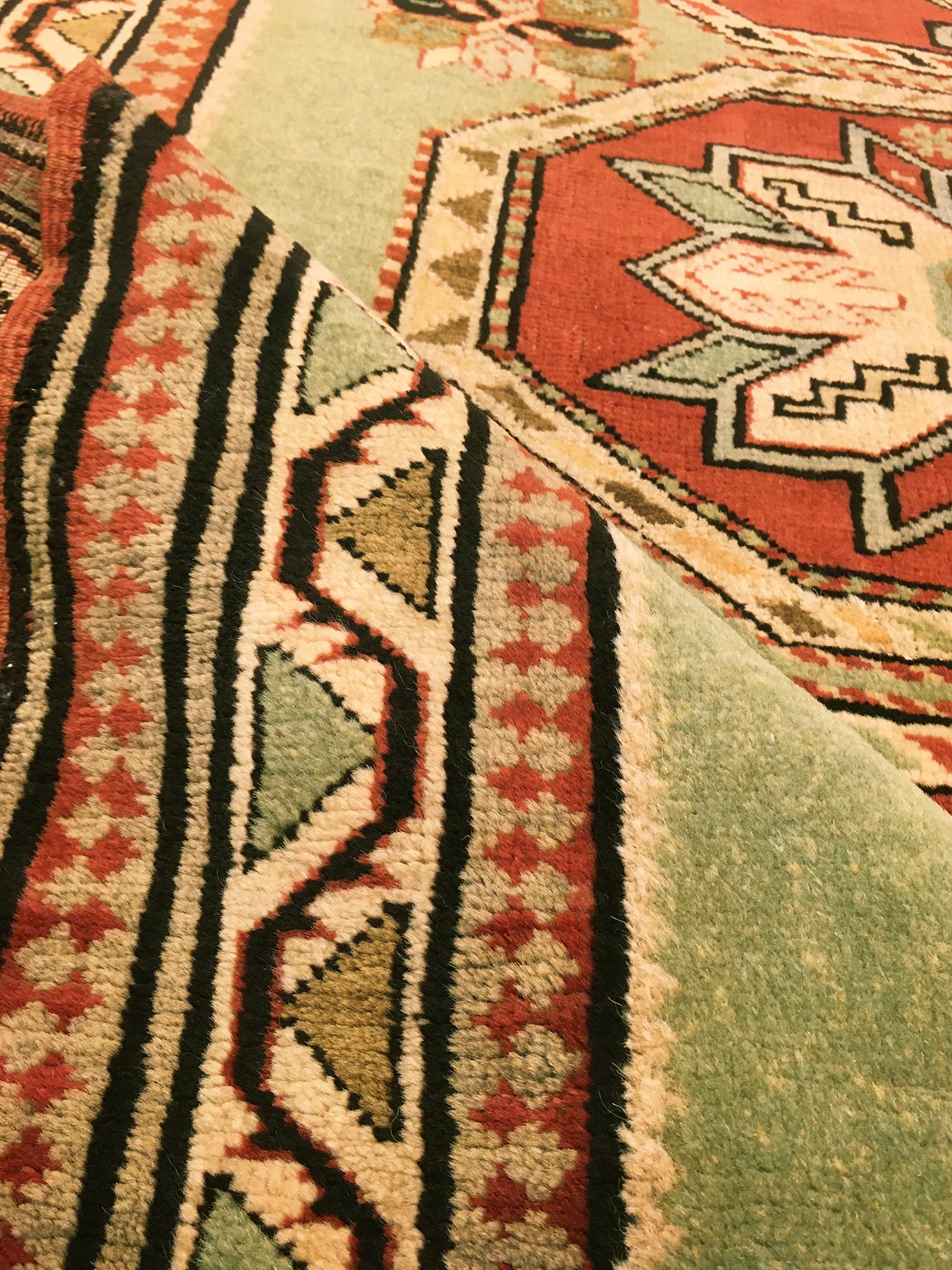 Antique Caucasian Kazak Oriental Rug, in Small Squarish Size w/ Green Background For Sale 2