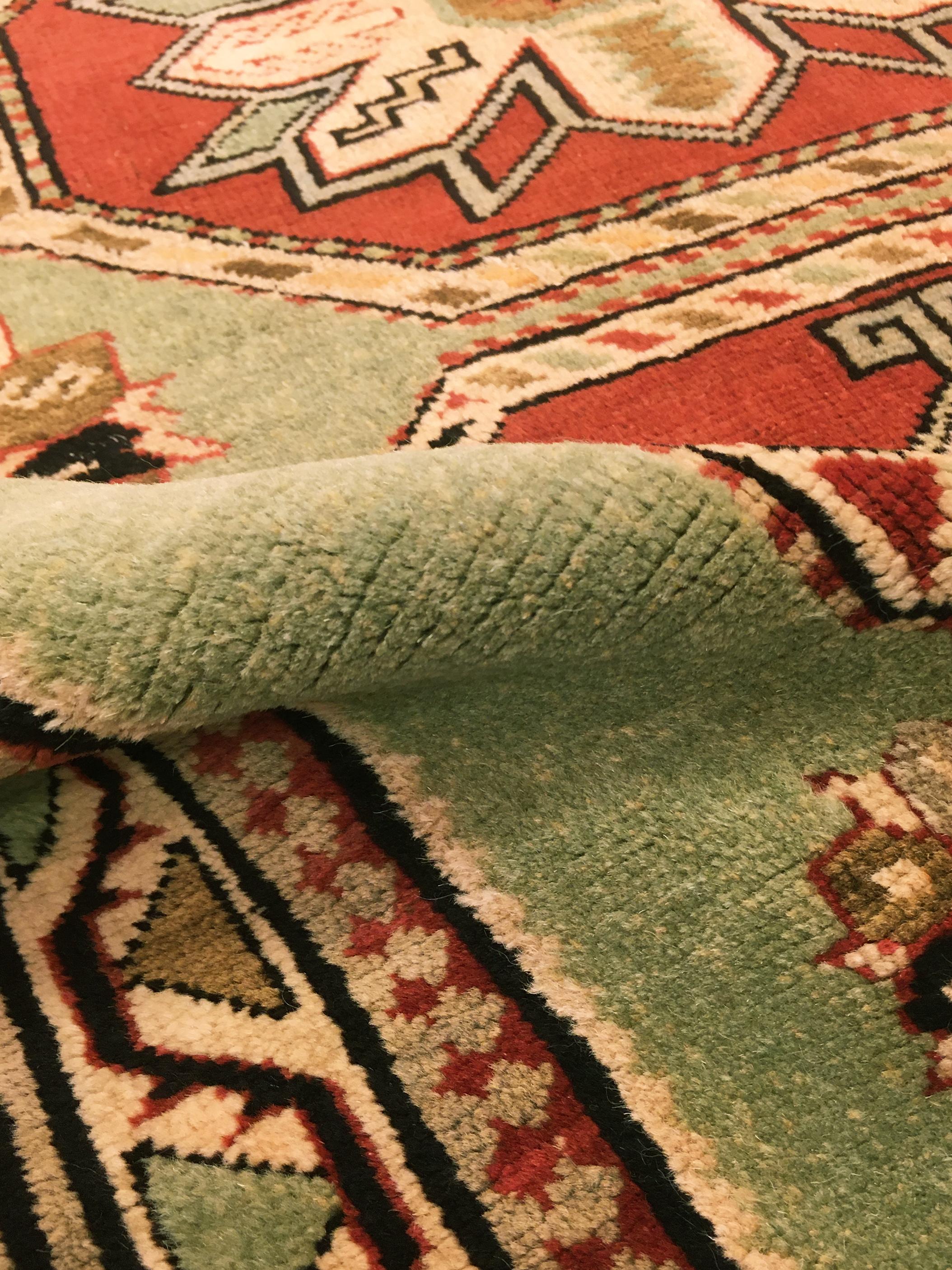 Antique Caucasian Kazak Oriental Rug, in Small Squarish Size w/ Green Background For Sale 3