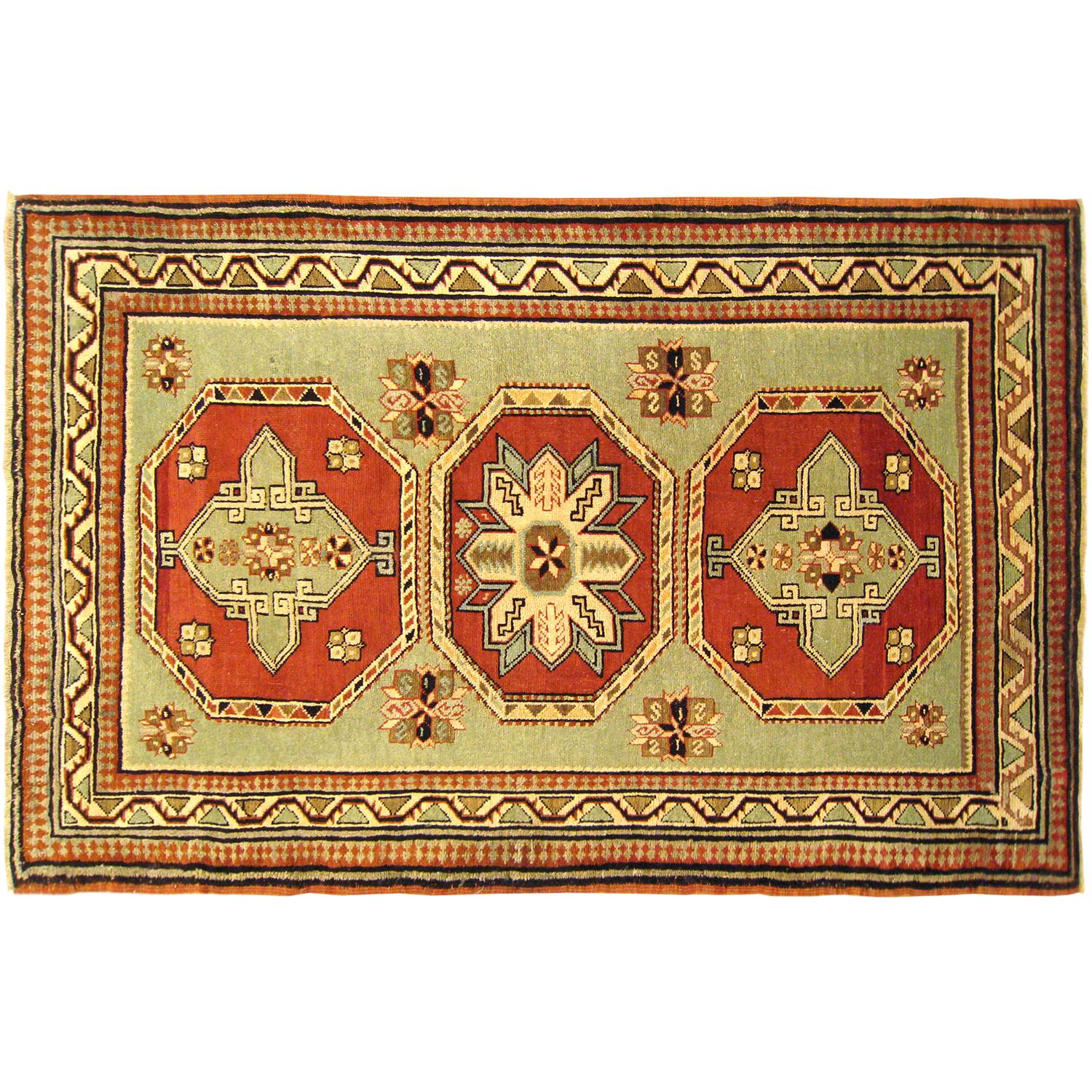 Antique Caucasian Kazak Oriental Rug, in Small Squarish Size w/ Green Background For Sale