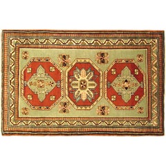 Antique Caucasian Kazak Oriental Rug, in Small Squarish Size w/ Green Background