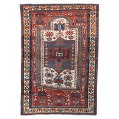 Antique Caucasian Kazak Prayer Rug in Red, Indigo and Ivory, circa 1910