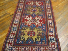 1900s Blue Geometric Tribal Antique Caucasian Kazak Rug 3'6"x 5'10" Wool Carpet