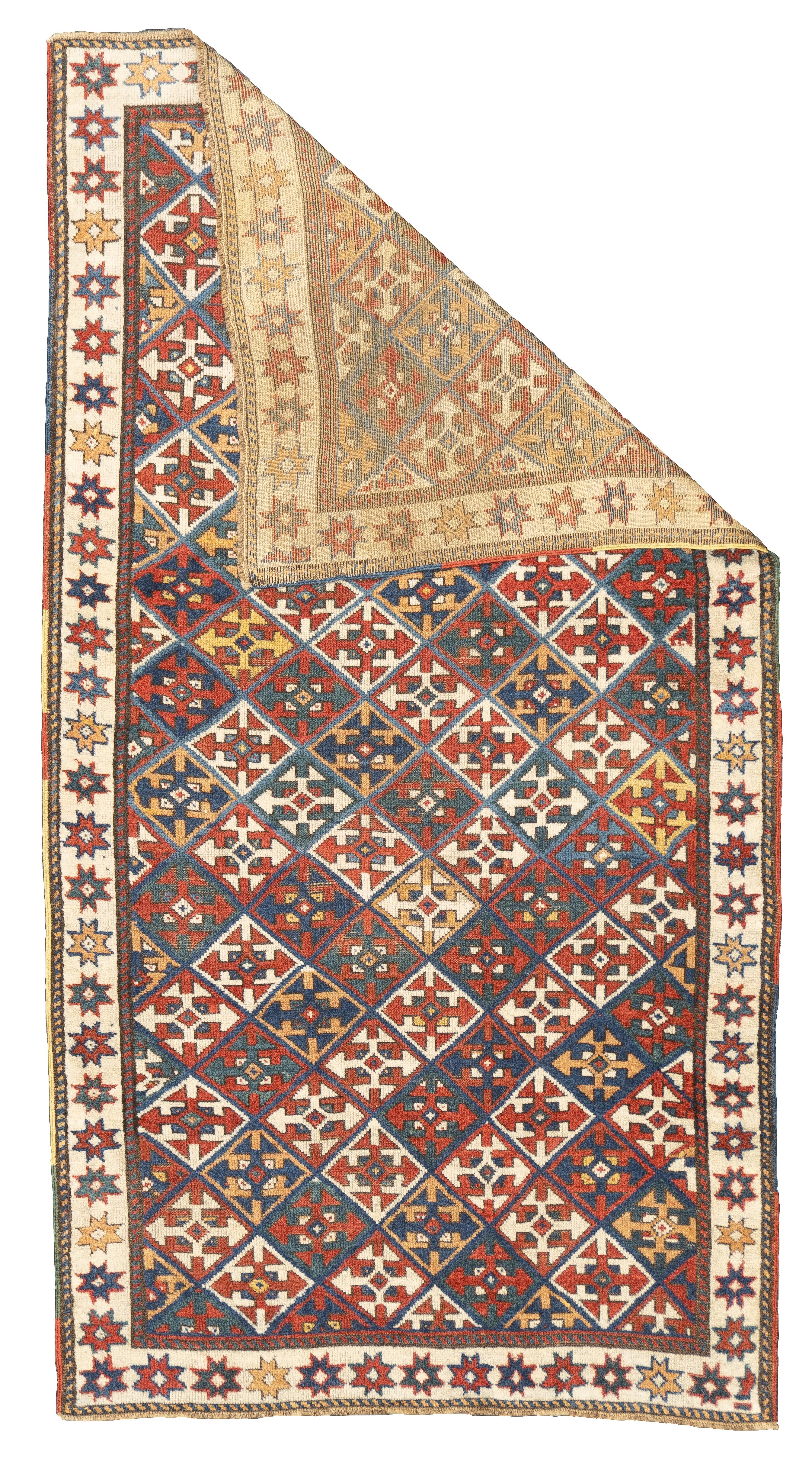 Antiker kaukasischer Kazak-Teppich 3'9'' x 7'2''.  SW-Kaukasus/Armenien. Kräftig gemusterte, stark gefärbte, völlig geometrische, ganz aus Wolle bestehende, grob bis mäßig gewebte, mittel- bis langflorige Stücke im Streuformat, in Medaillon-,