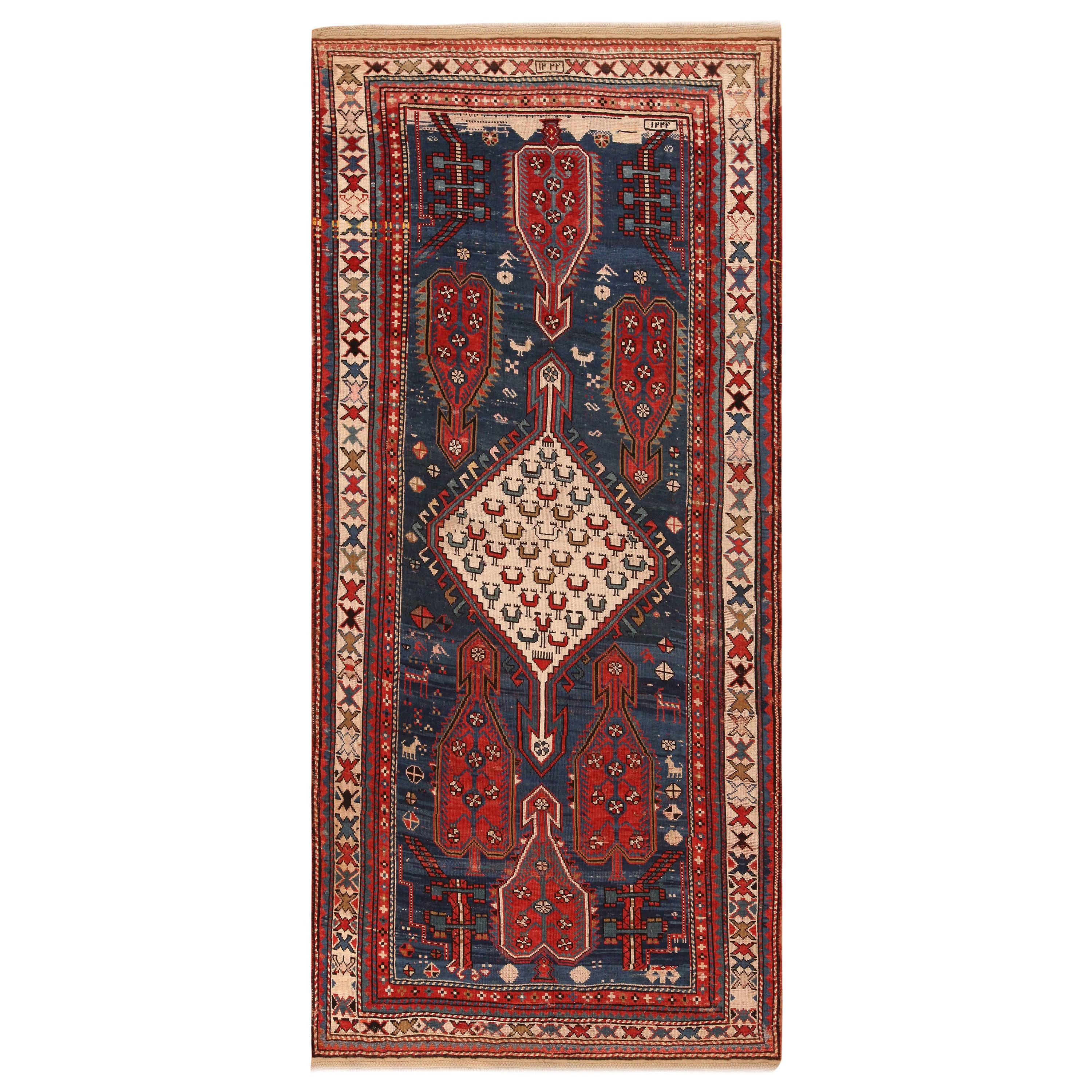 Antico tappeto kazako caucasico. 4 ft 9 in x 10 ft 4 in