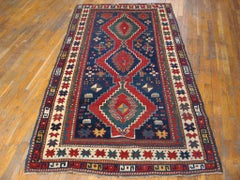 1890s Blue Medallion Antique Caucasian Kazak Rug 4'0" x7'7" Knotted Wool Carpet