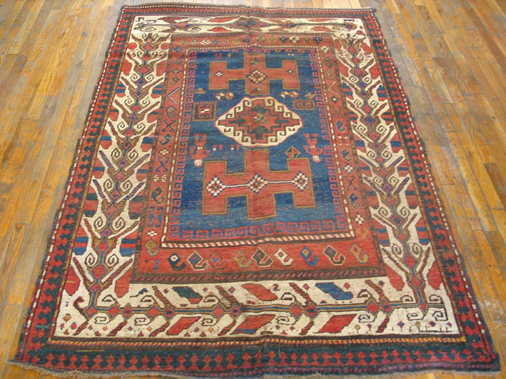 Hand-Knotted 19th Century Caucasian Kazak Carpet ( 4'10 