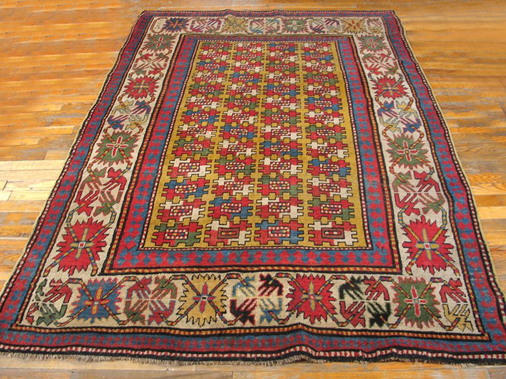 Hand-Knotted 19th Century Caucasian Kazak Carpet ( 4'10