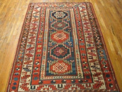 1880s Blue Geometric Antique Caucasian Kazak Rug 4'3" x 6'2" Knotted Wool Carpet