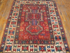 1890s Red Key Hole Antique Caucasian Kazak Capet 4'6"x5'9" Handknotted Wool Rug