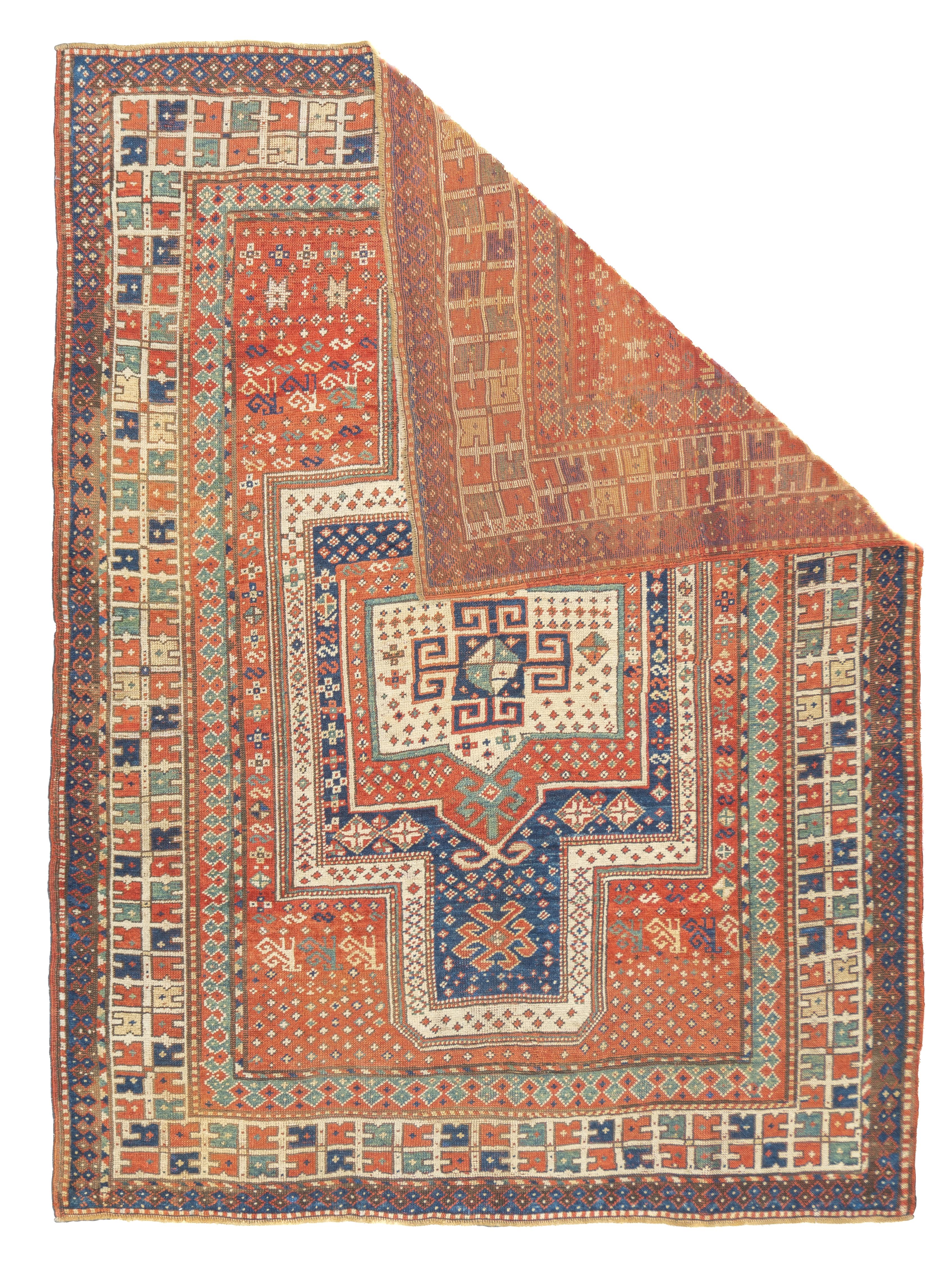 Antique Caucasian Kazak Rug 5'1'' x 6'10''. This sub-type of Kazak rug is related to the larger Sewan group, but here it shows a red and ecru central medallion, on a dark blue panel with end extensions, all speckled. The red field shows dots, stars
