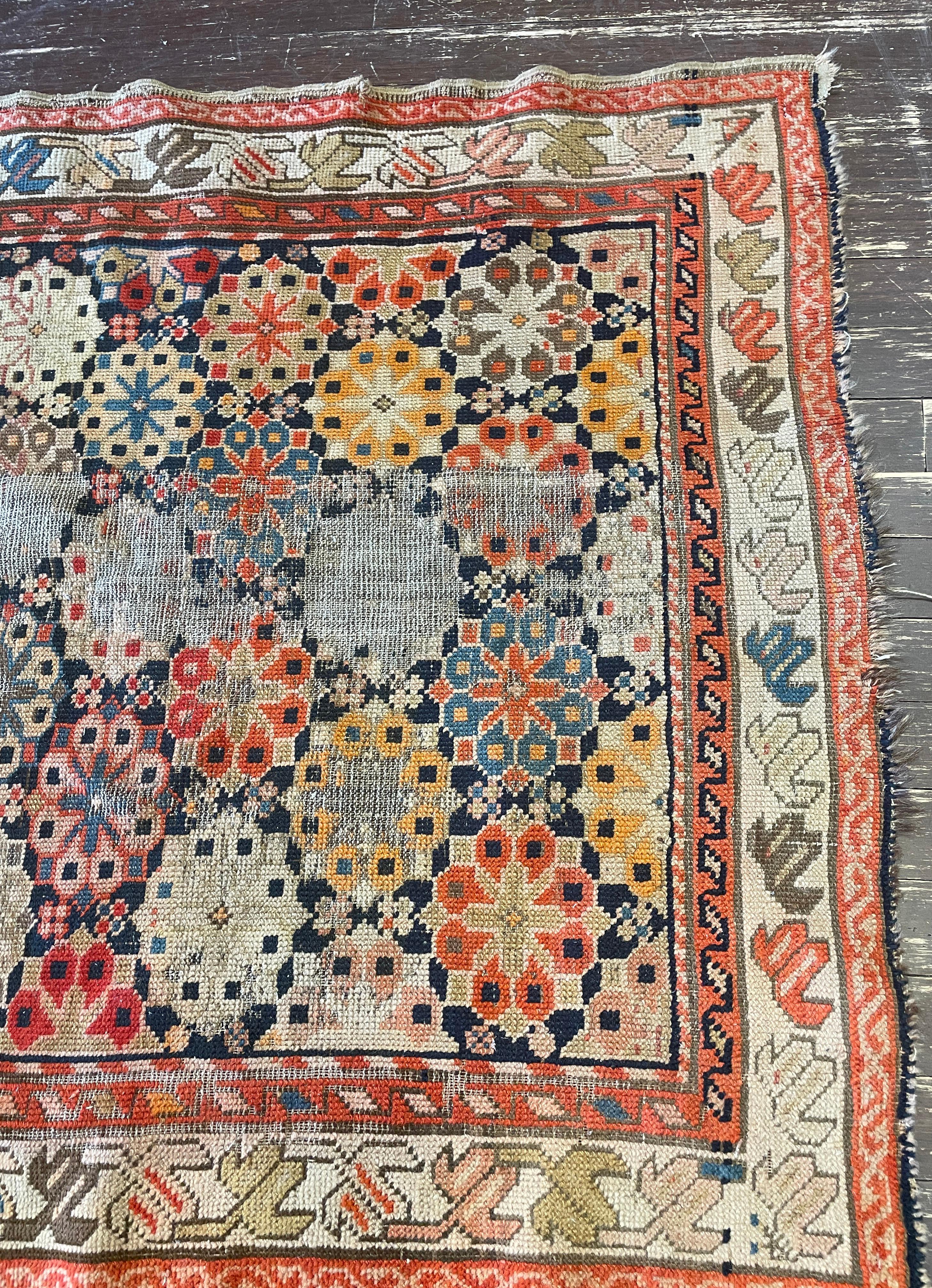 Tessuto a mano Antico tappeto kazako caucasico, AS IS c-1880