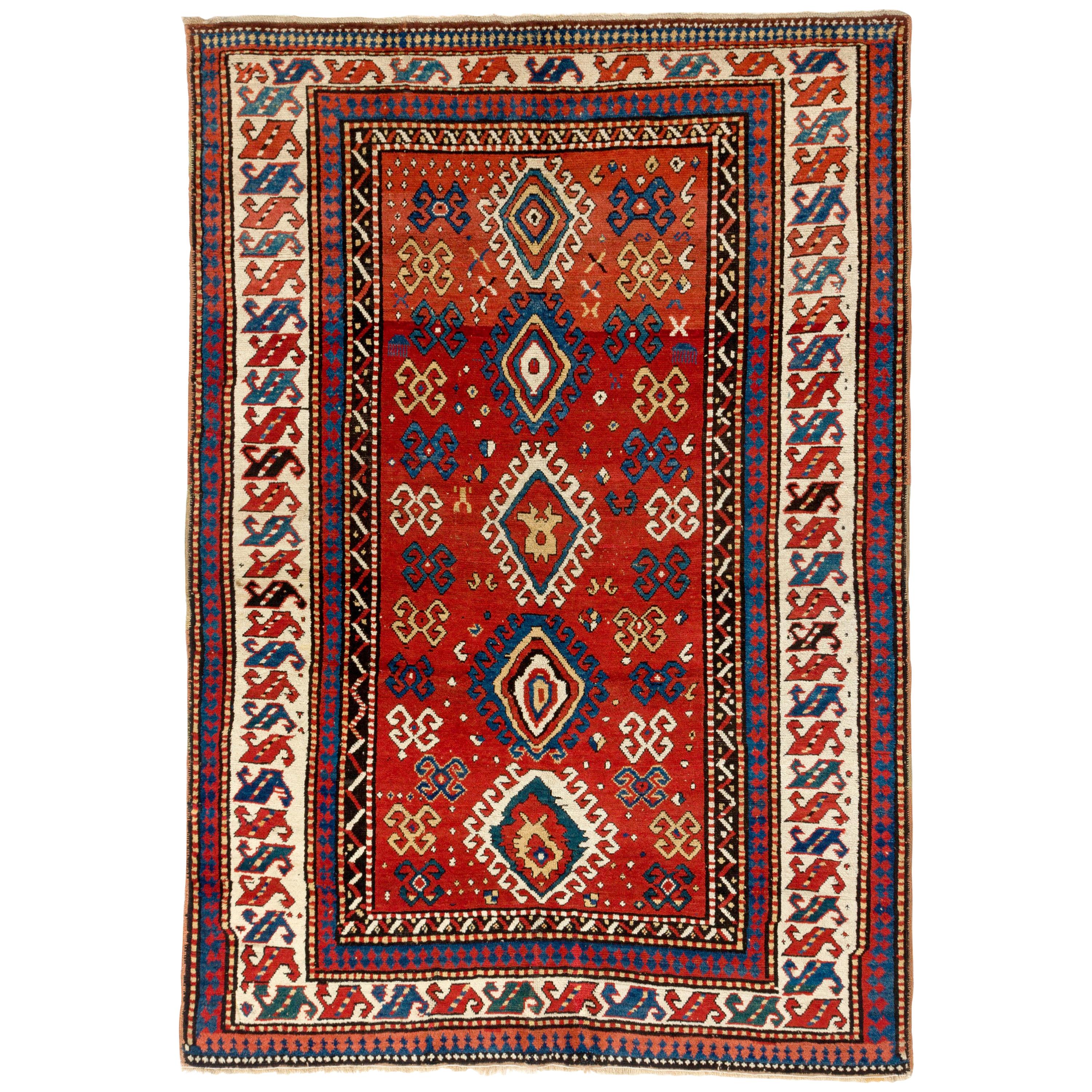 Antiker kaukasischer Kazak-Teppich mit 5.6x8 Fuß, um 1850. Natürliche Farbstoffe. Ausgezeichneter Condit