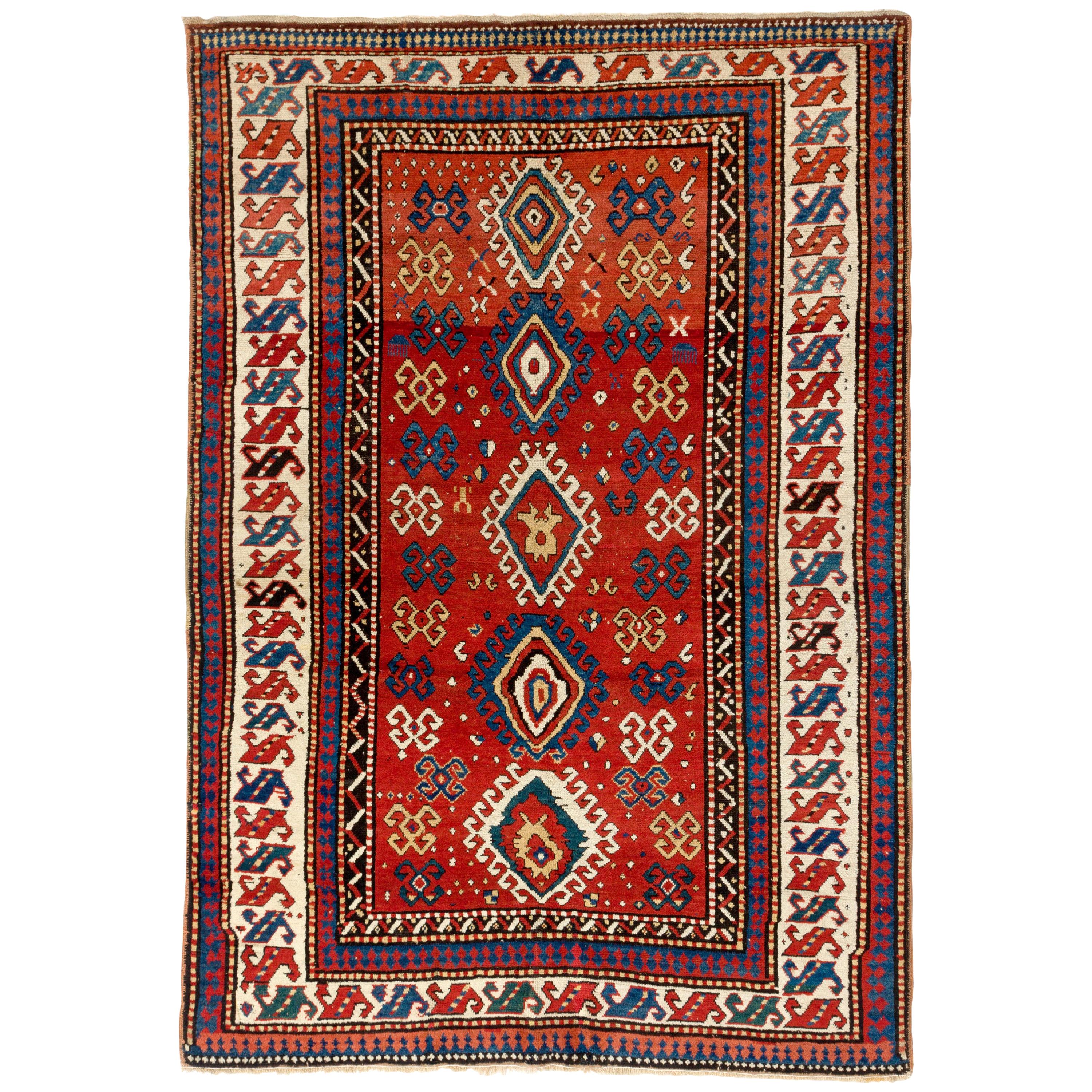 5.6x8 Ft Antique Caucasian Kazak Rug, Ca 1850. Natural Dyes. Excellent Condition