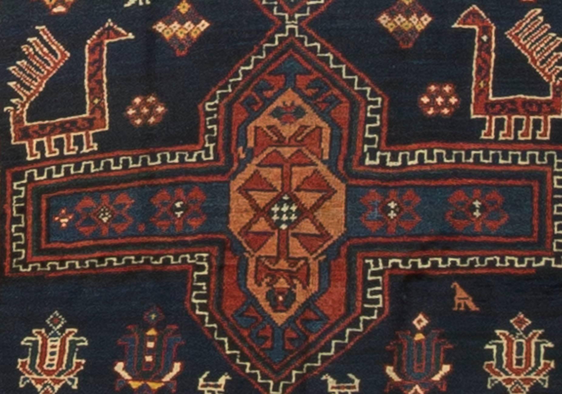 From the SW Caucasus, eye-catching, vigorous geometries; and broad areas of brilliant natural dyes. Kazak rugs are the sine qua non-of antique Caucasian rugs.