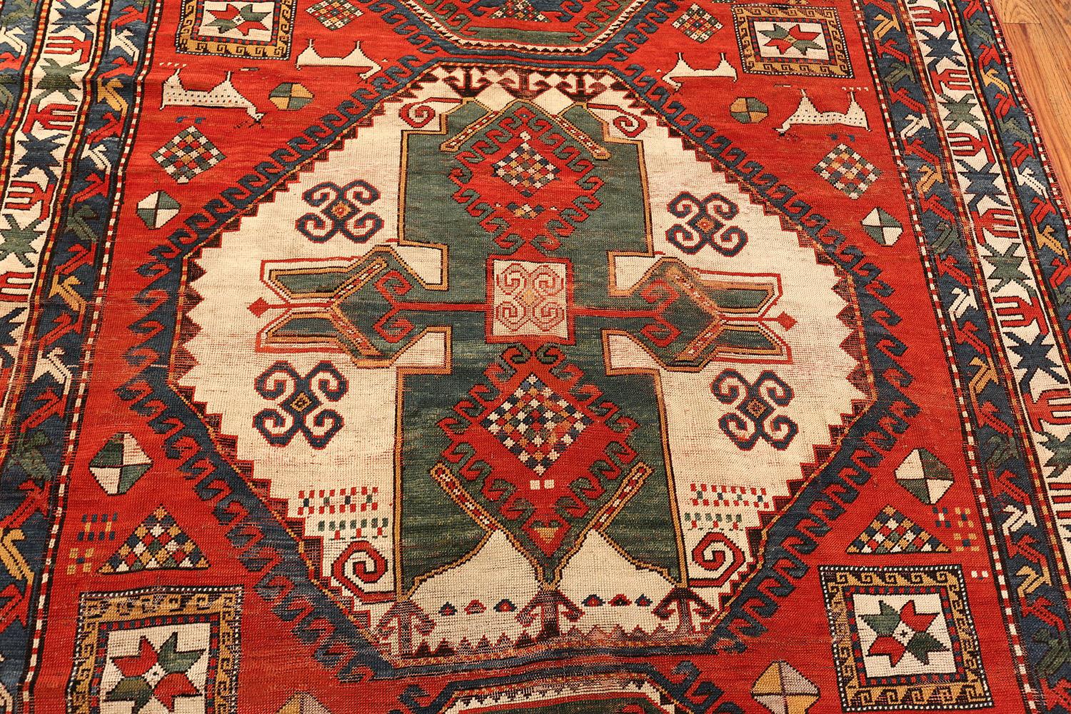 Hand-Knotted Tribal Antique Caucasian Kazak Rug. Size: 6 ft 7 in x 9 ft 2 in