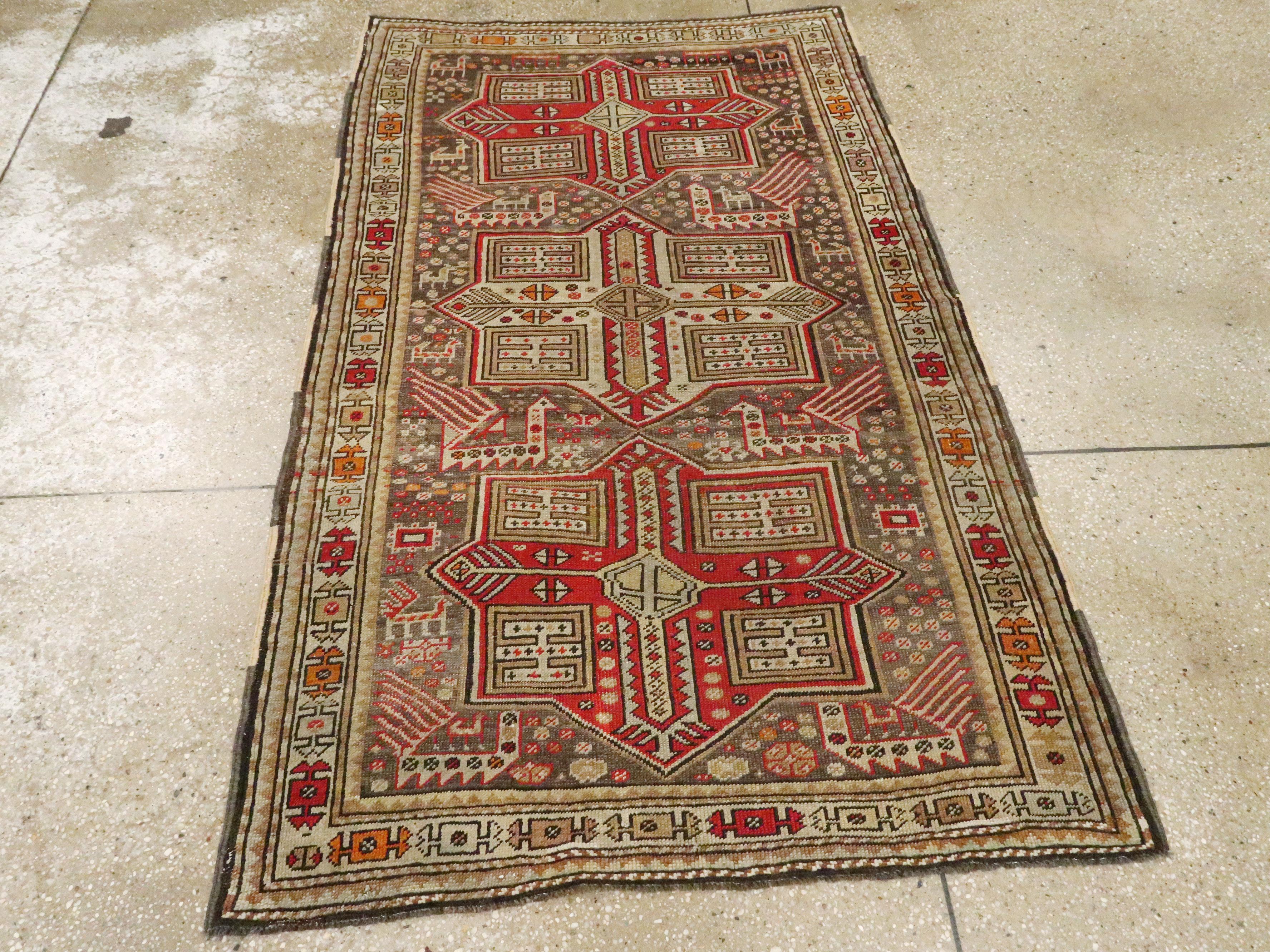 Small Handmade Caucasian Tribal Rug In Shades of Grey-Brown and Red In Good Condition In New York, NY