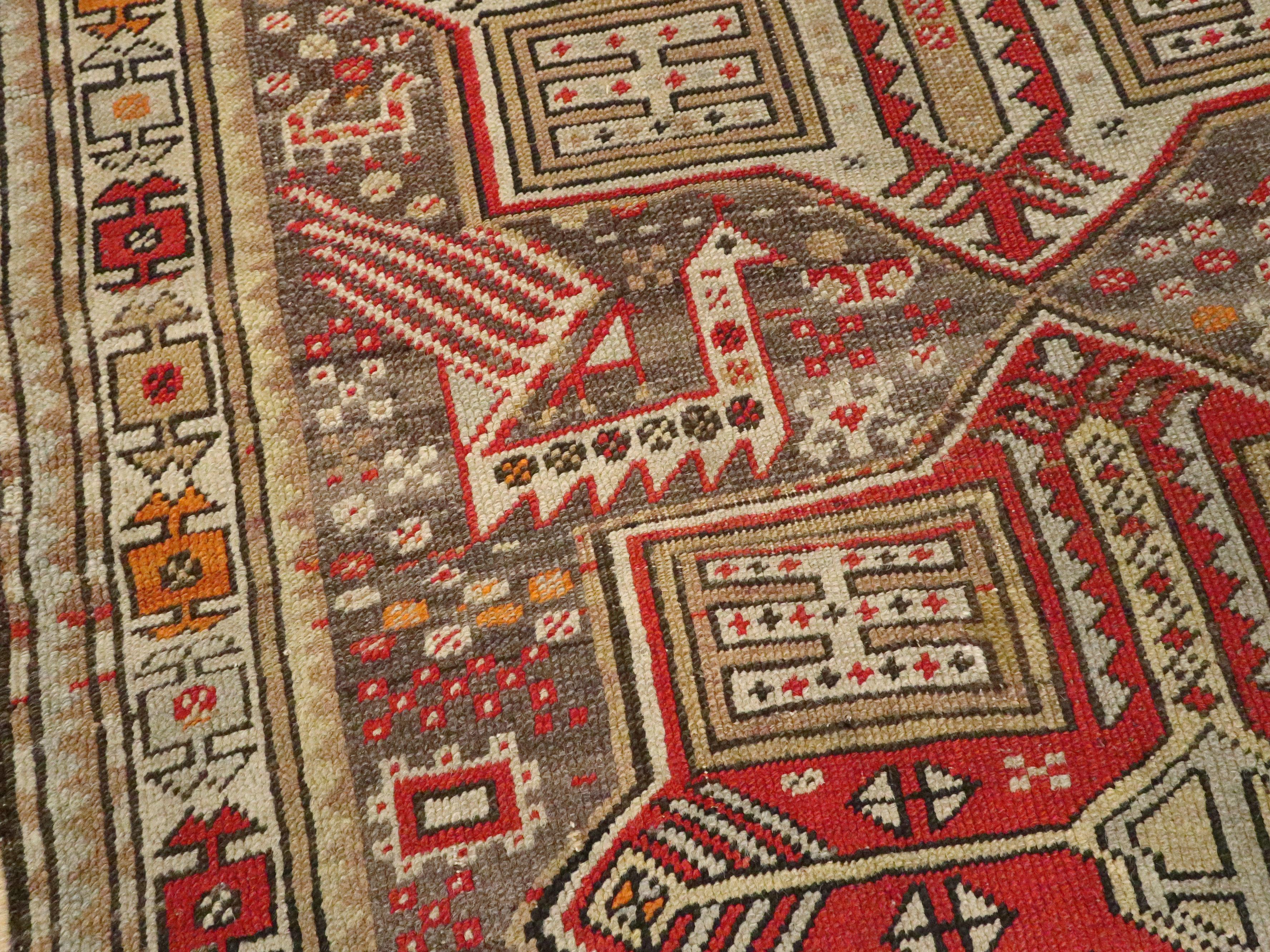 20th Century Small Handmade Caucasian Tribal Rug In Shades of Grey-Brown and Red