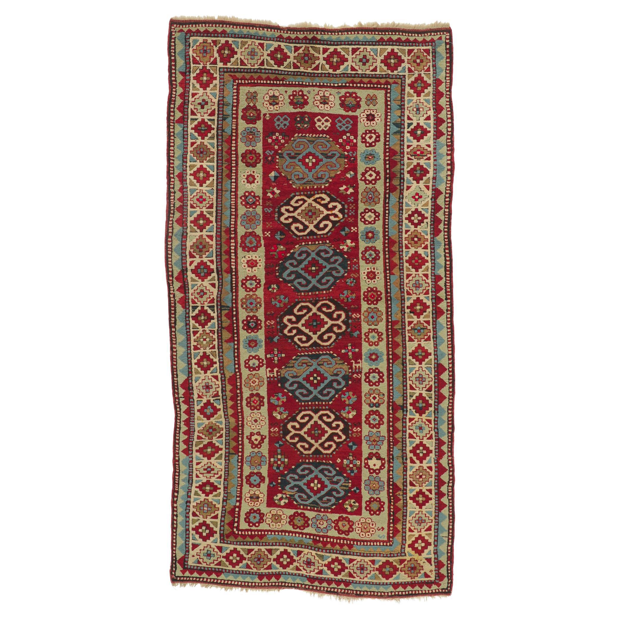 Antique Caucasian Kazak Rug Russian Tribal Carpet For Sale