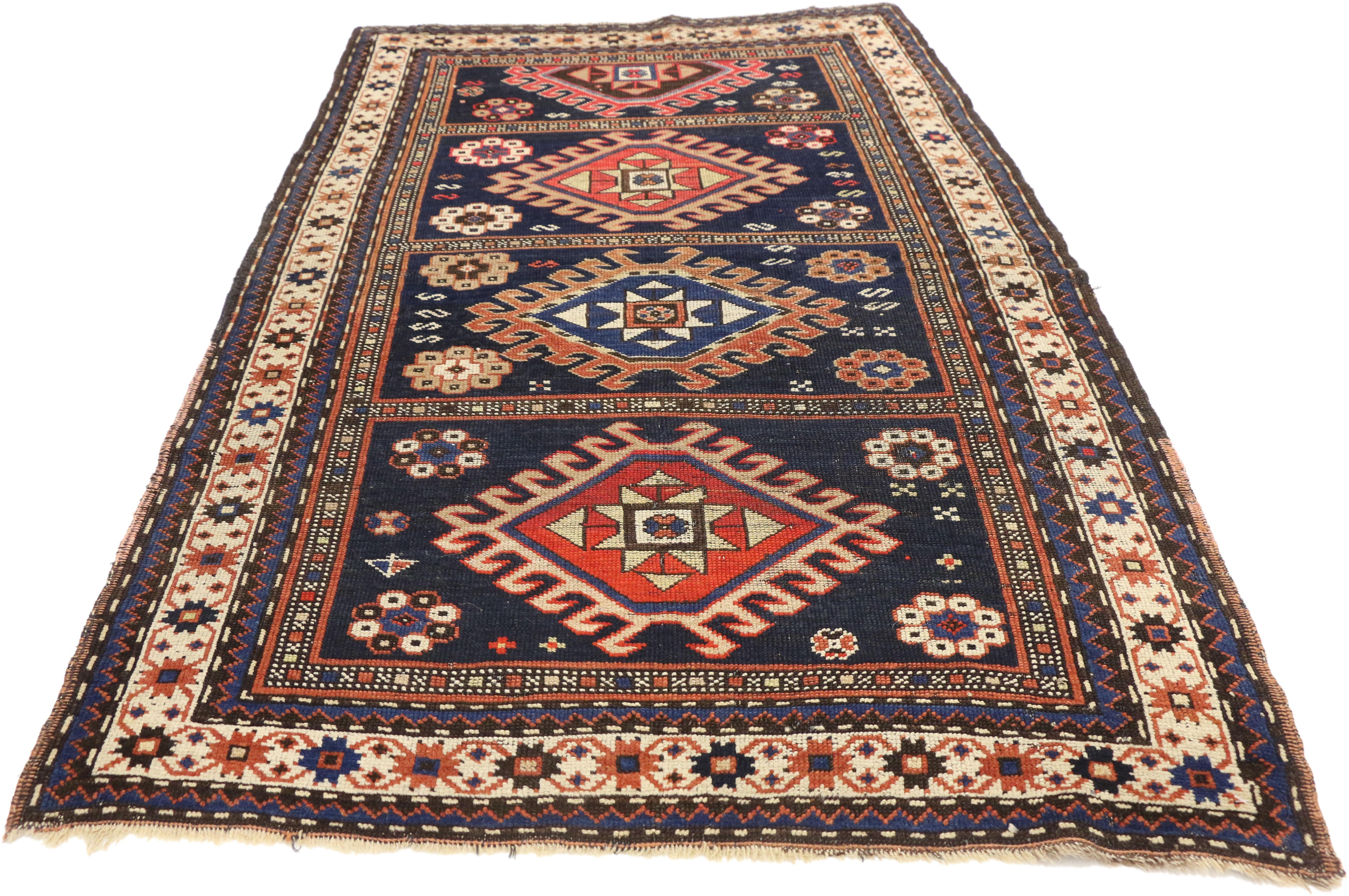 Hand-Knotted Antique Caucasian Kazak Rug with Compartment Design  For Sale