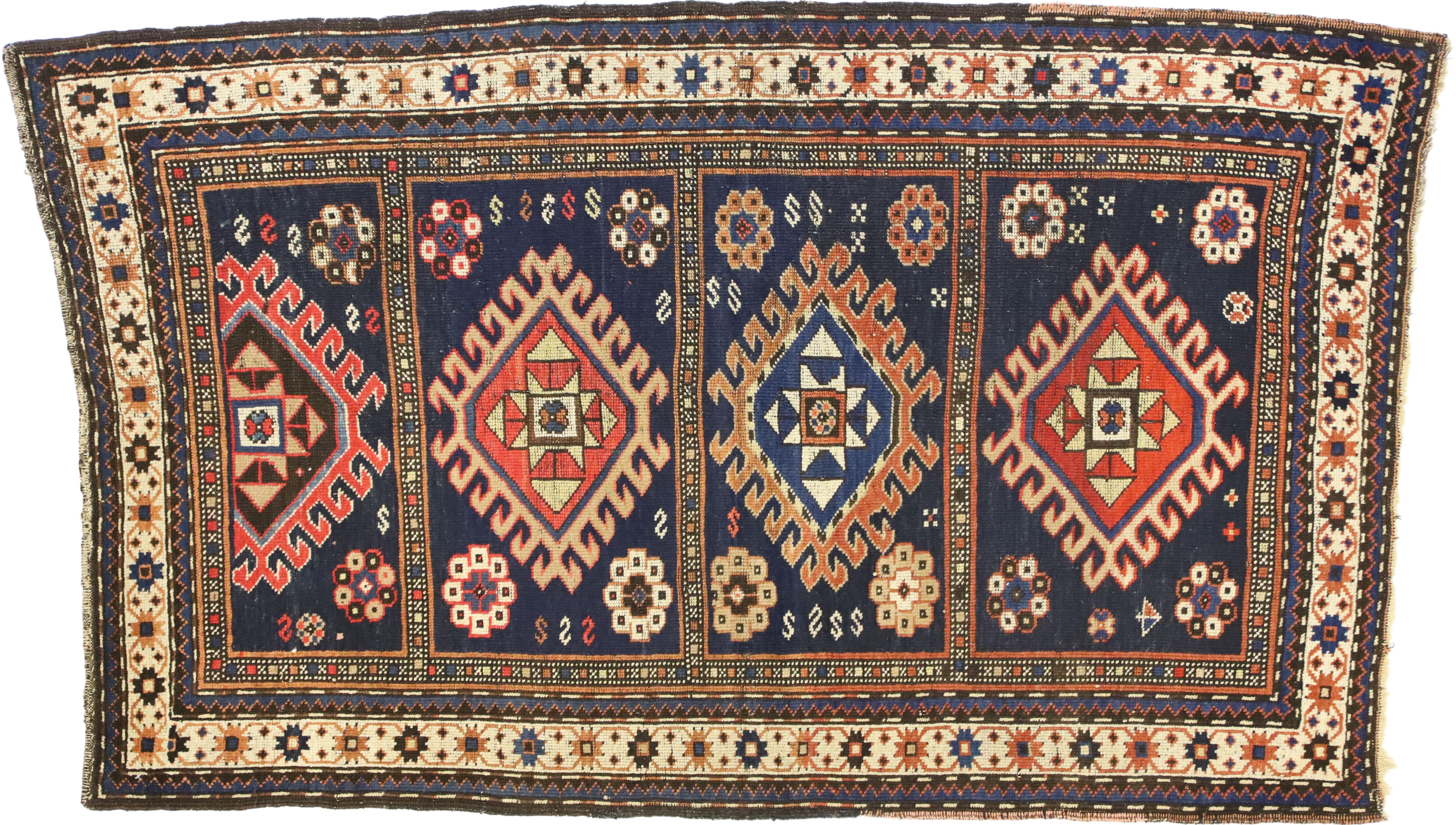 Wool Antique Caucasian Kazak Rug with Compartment Design  For Sale