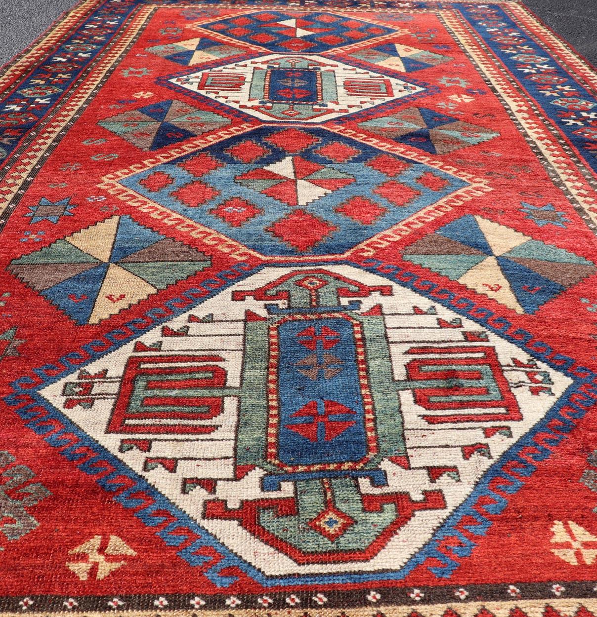 Antique Caucasian Kazak Rug with Four Bold Medallions on Red Field 5'2 x 9'1 For Sale 3