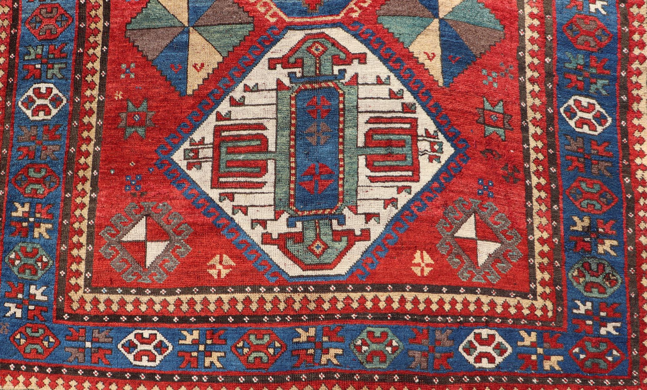 Antique Caucasian Kazak Rug with Four Bold Medallions on Red Field 5'2 x 9'1 For Sale 4