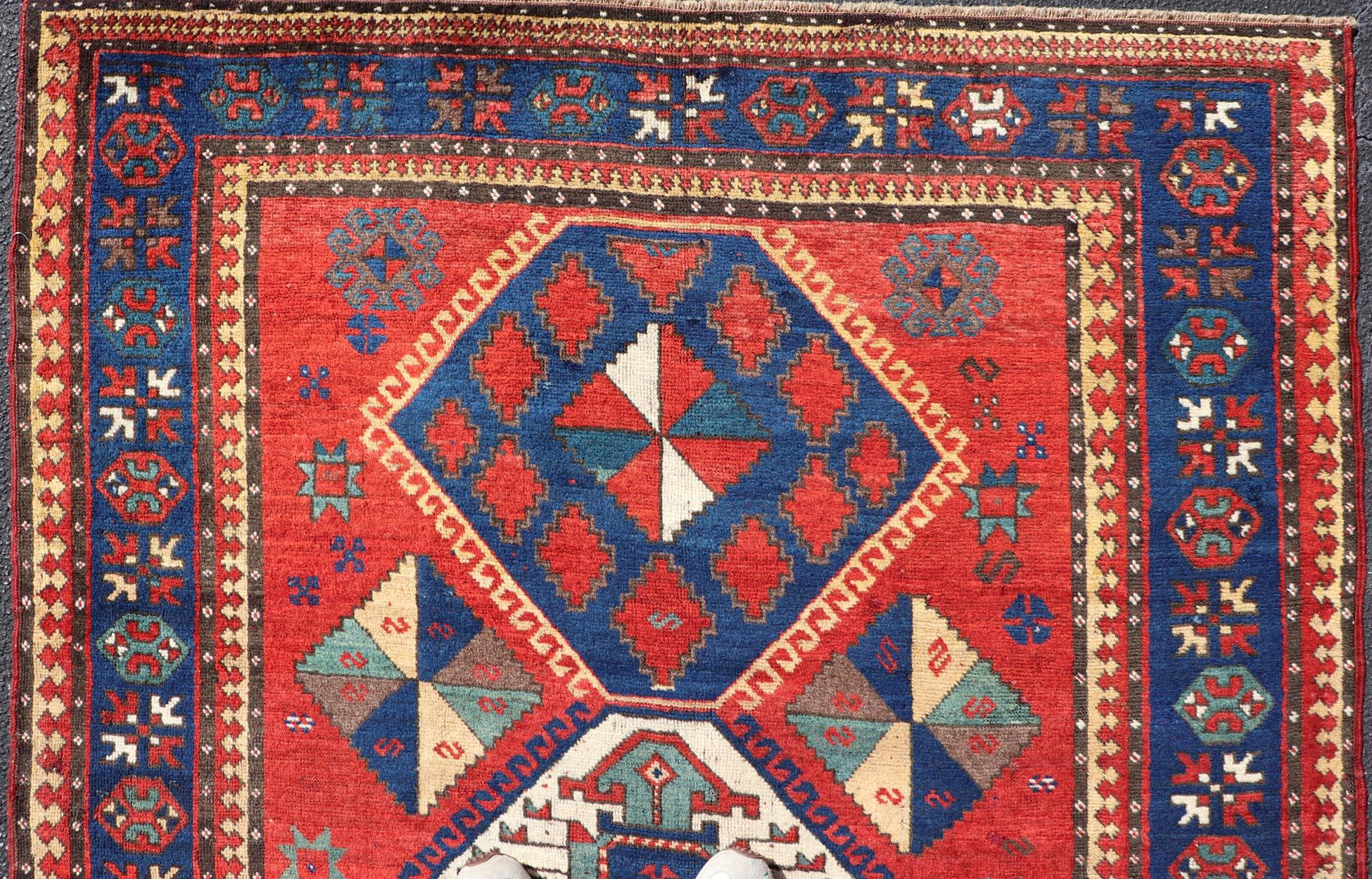 Antique Caucasian Kazak Rug with Four Bold Medallions on Red Field 5'2 x 9'1 For Sale 6