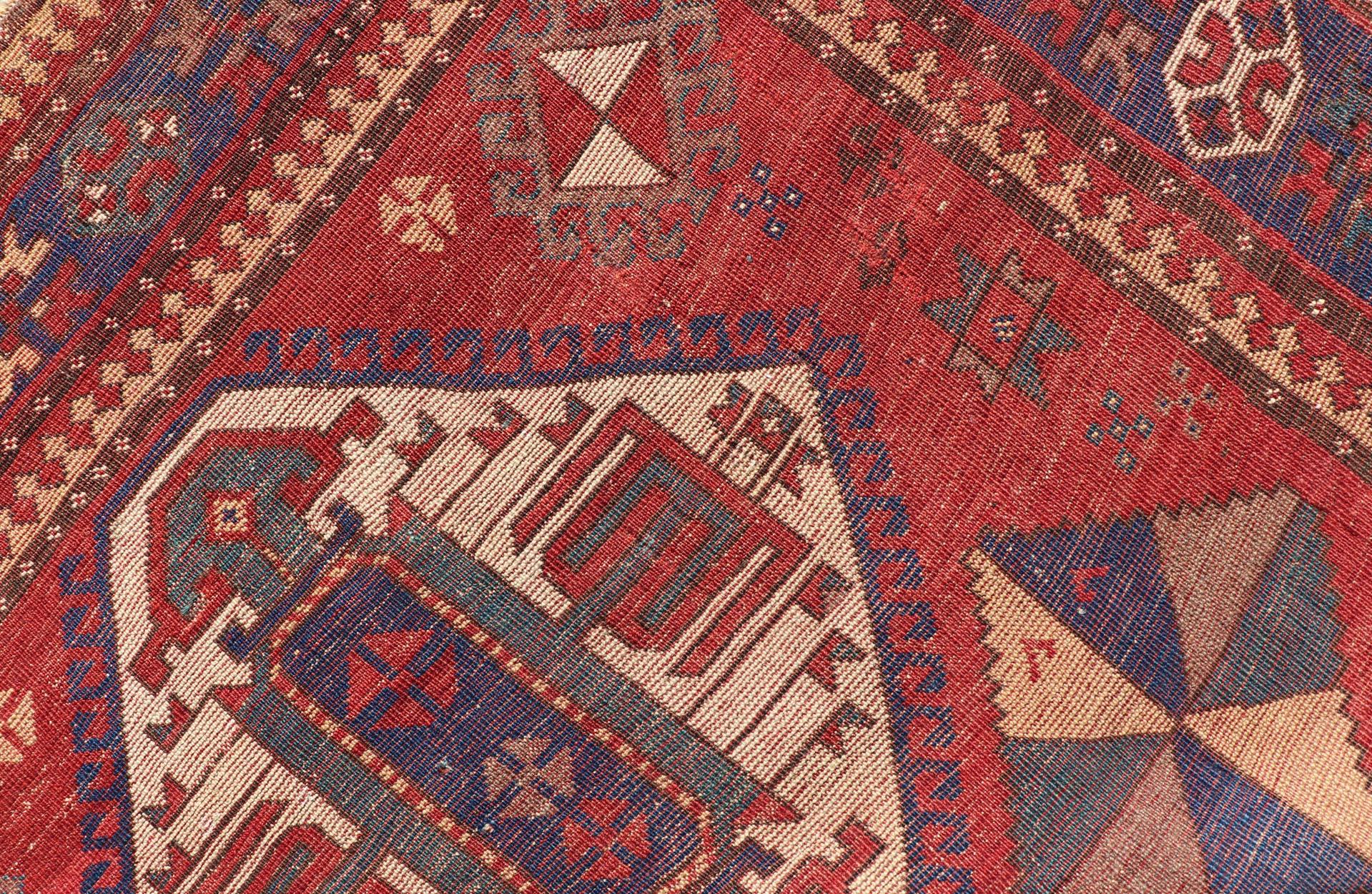 19th Century Antique Caucasian Kazak Rug with Four Bold Medallions on Red Field 5'2 x 9'1 For Sale