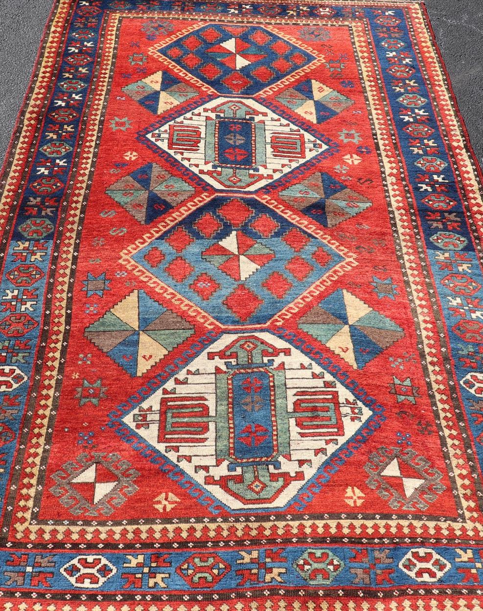 Antique Caucasian Kazak Rug with Four Bold Medallions on Red Field 5'2 x 9'1 For Sale 2