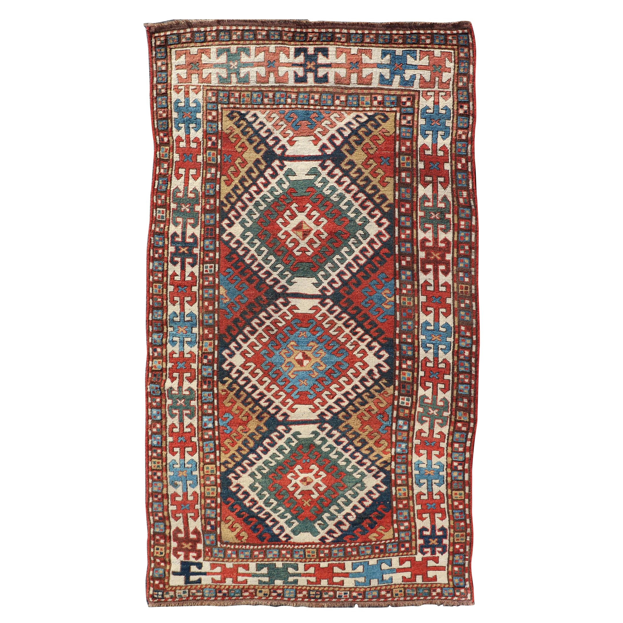 Antiker kaukasischer Kazak-Teppich mit geometrischem Design und Medaillons, 3'10" X7'4"