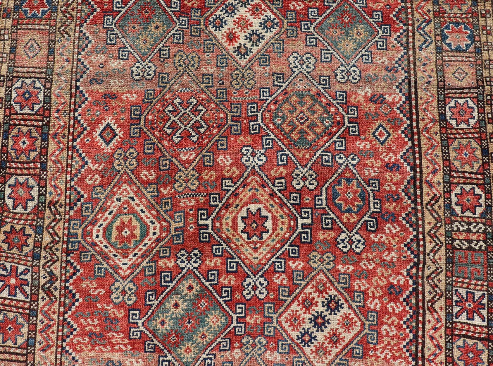Antique Caucasian Kazak Rug with Geometric Design & Tribal Motifs  For Sale 5