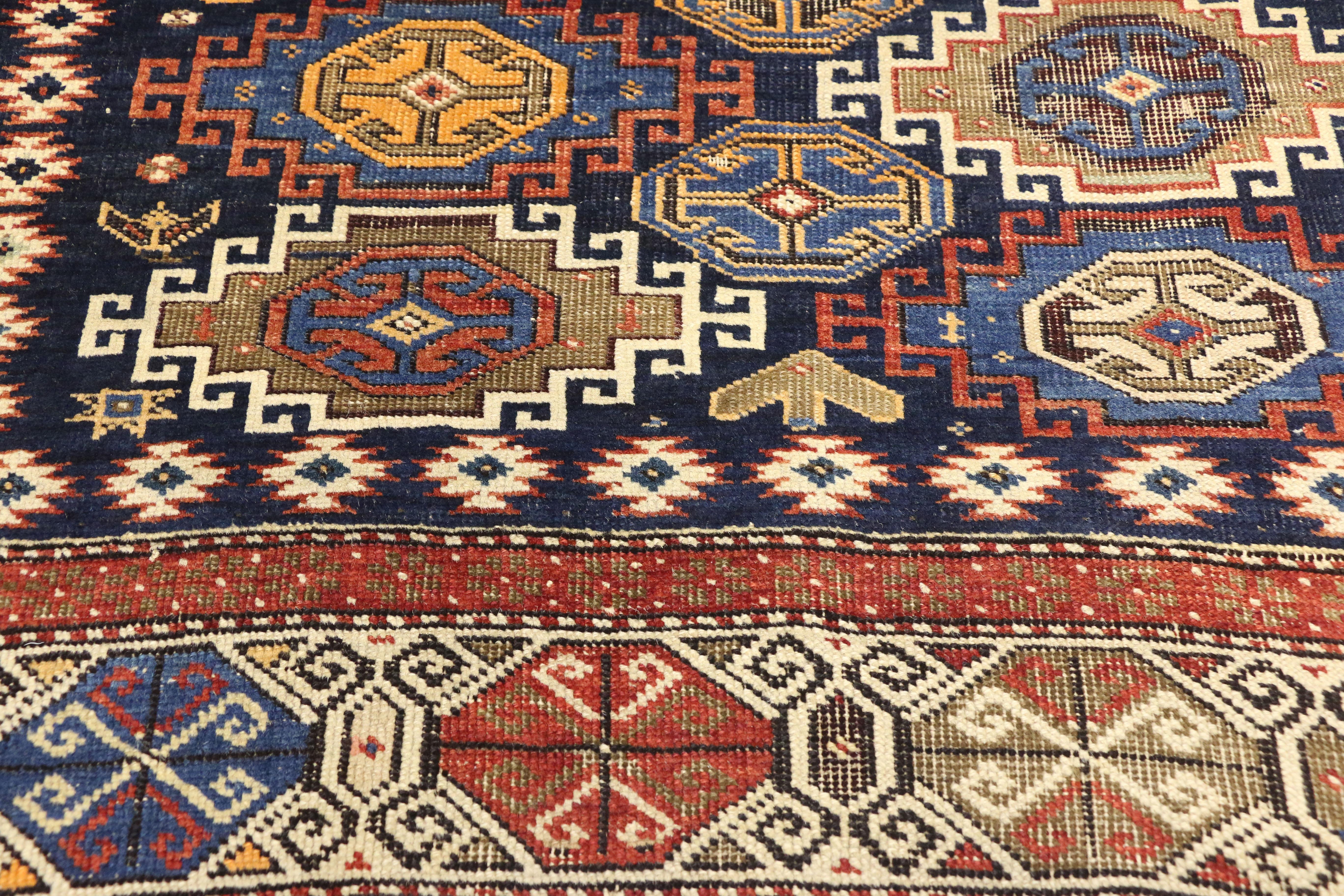 Hand-Knotted Antique Caucasian Kazak Rug with Rustic Tribal Style, Square Rug For Sale
