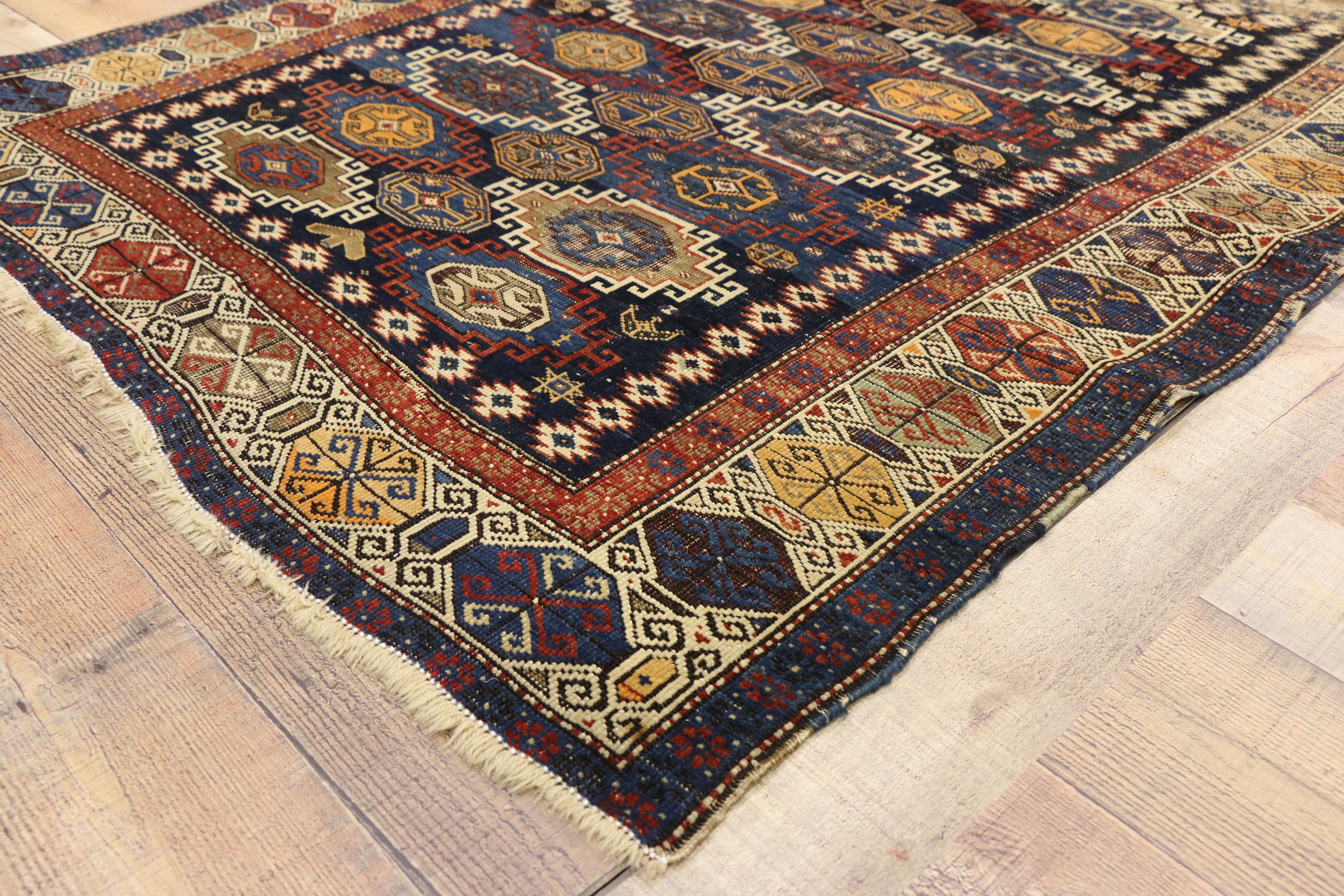 Wool Antique Caucasian Kazak Rug with Rustic Tribal Style, Square Rug For Sale