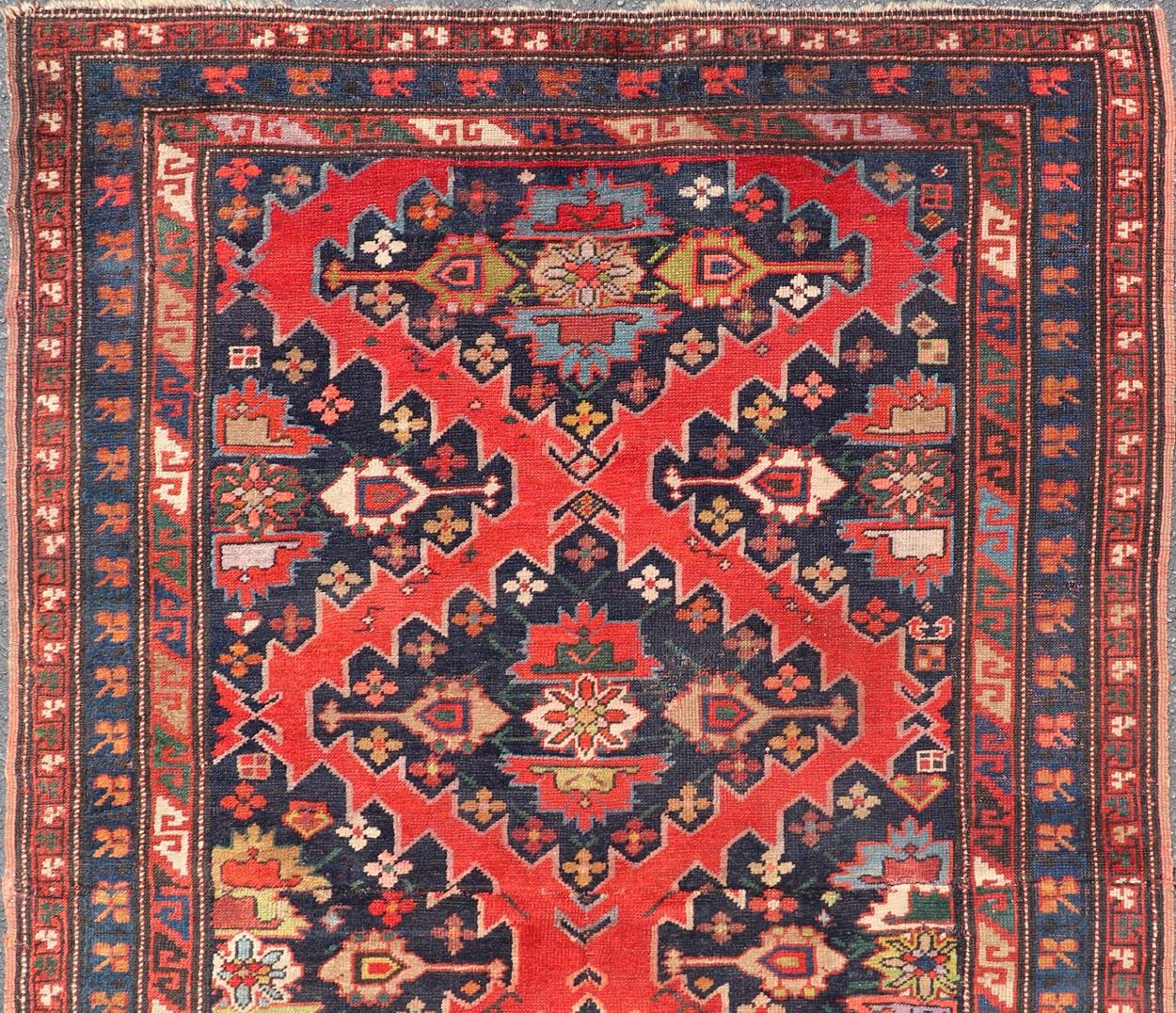 Antique Caucasian Kazak Rug with Sub-Geometric Medallions Design in Red and Blue For Sale 2