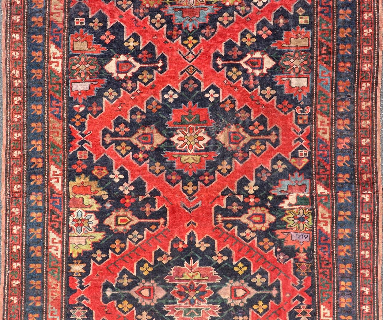 Antique Caucasian Kazak Rug with Sub-Geometric Medallions Design in Red and Blue For Sale 3