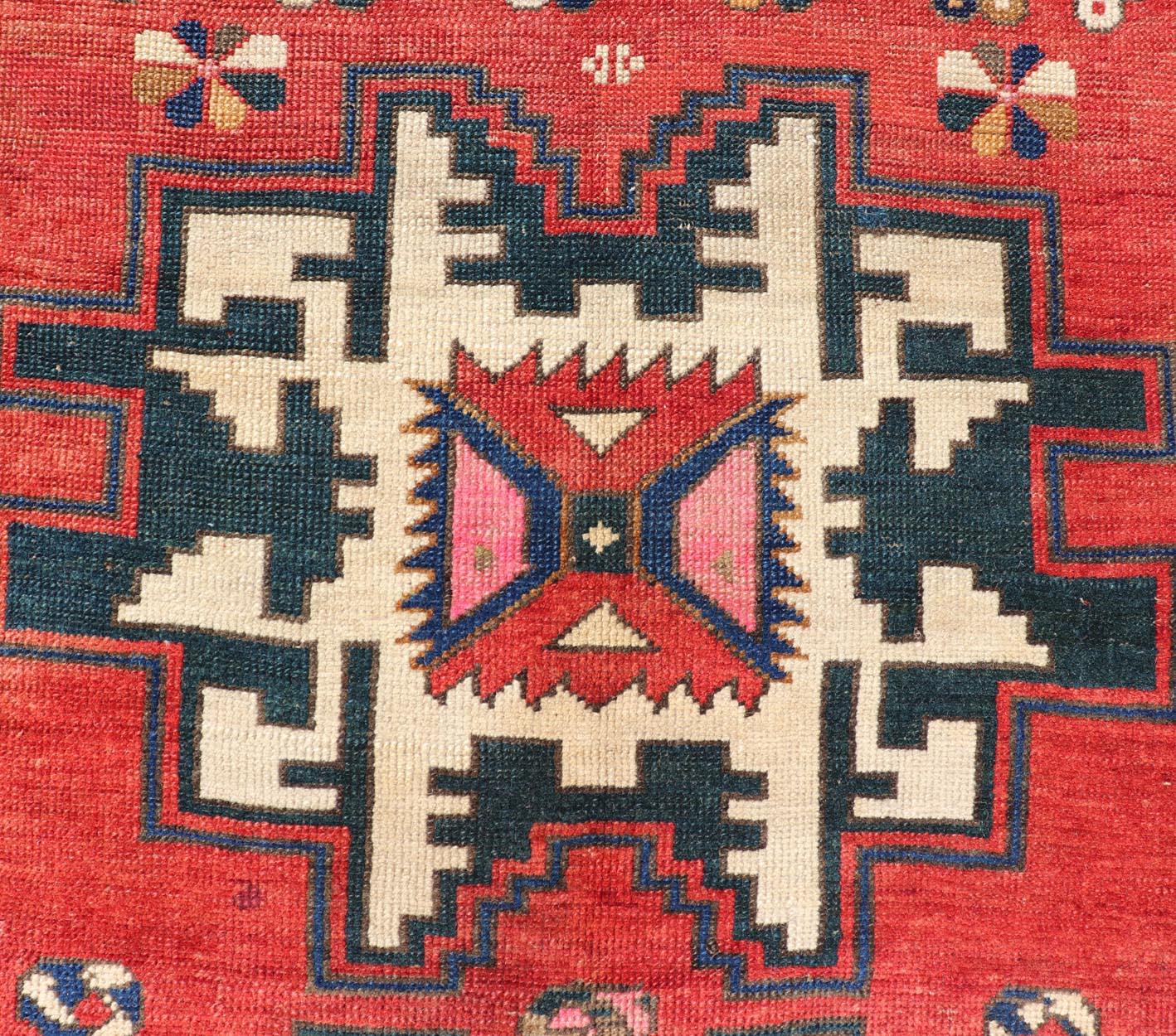 Antique Caucasian Kazak Rug with Sub-Geometric Star Medallions Design For Sale 1