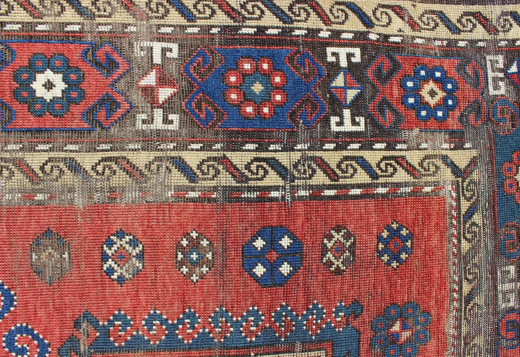 Antique Caucasian Kazak Rug with Tri-Medallion Geometric Design in Red and Blue 4