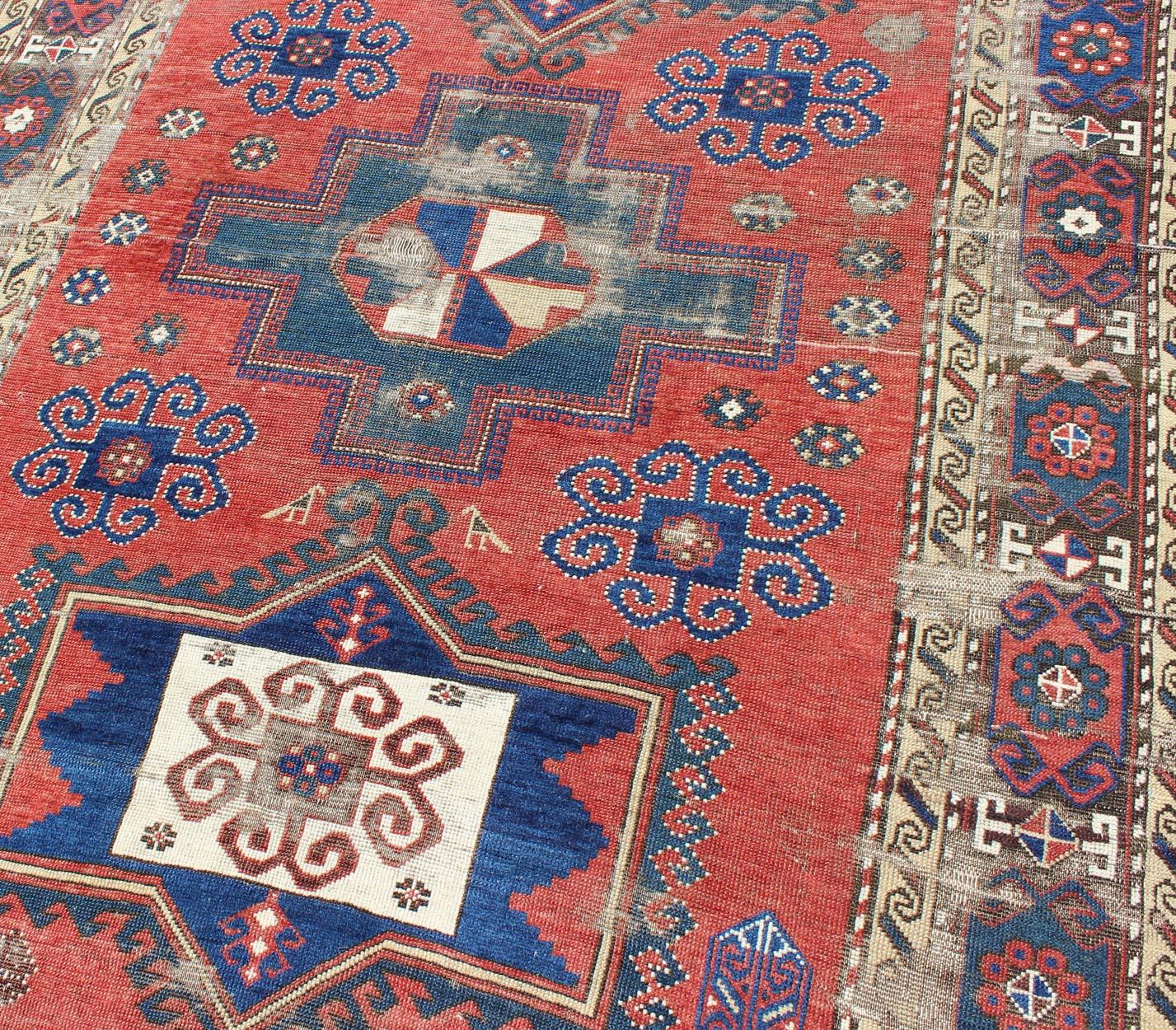 Antique Caucasian Kazak Rug with Tri-Medallion Geometric Design in Red and Blue 5