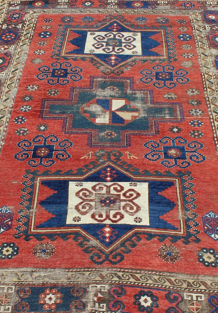 Antique Caucasian Kazak Rug with Tri-Medallion Geometric Design in Red and Blue 6