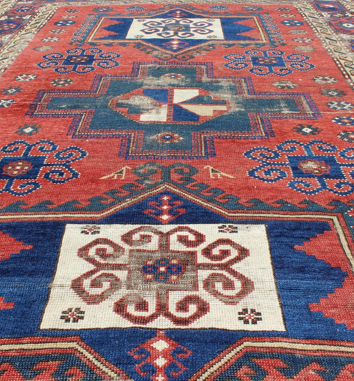 Antique Caucasian Kazak Rug with Tri-Medallion Geometric Design in Red and Blue 7