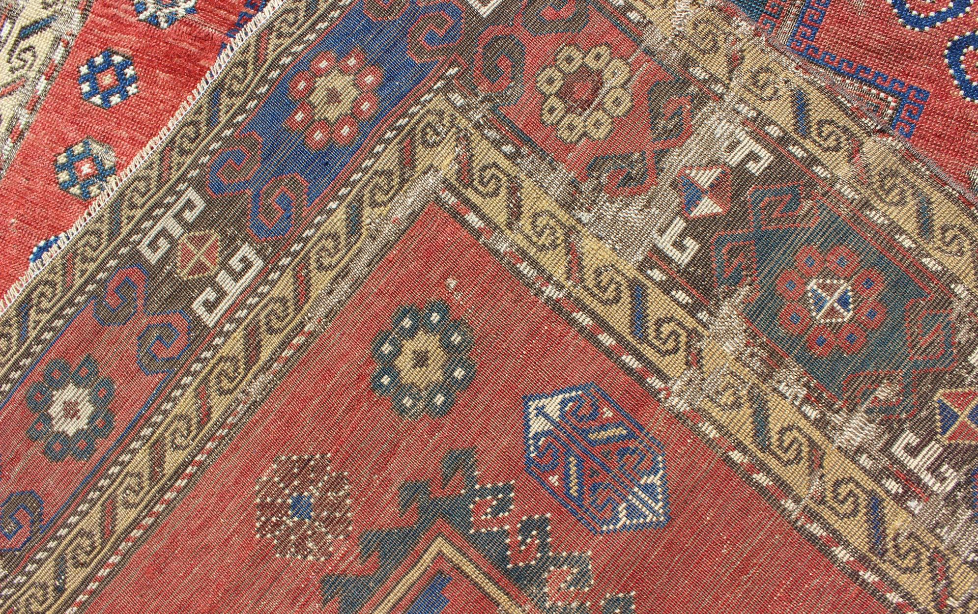 Antique Caucasian Kazak Rug with Tri-Medallion Geometric Design in Red and Blue 8