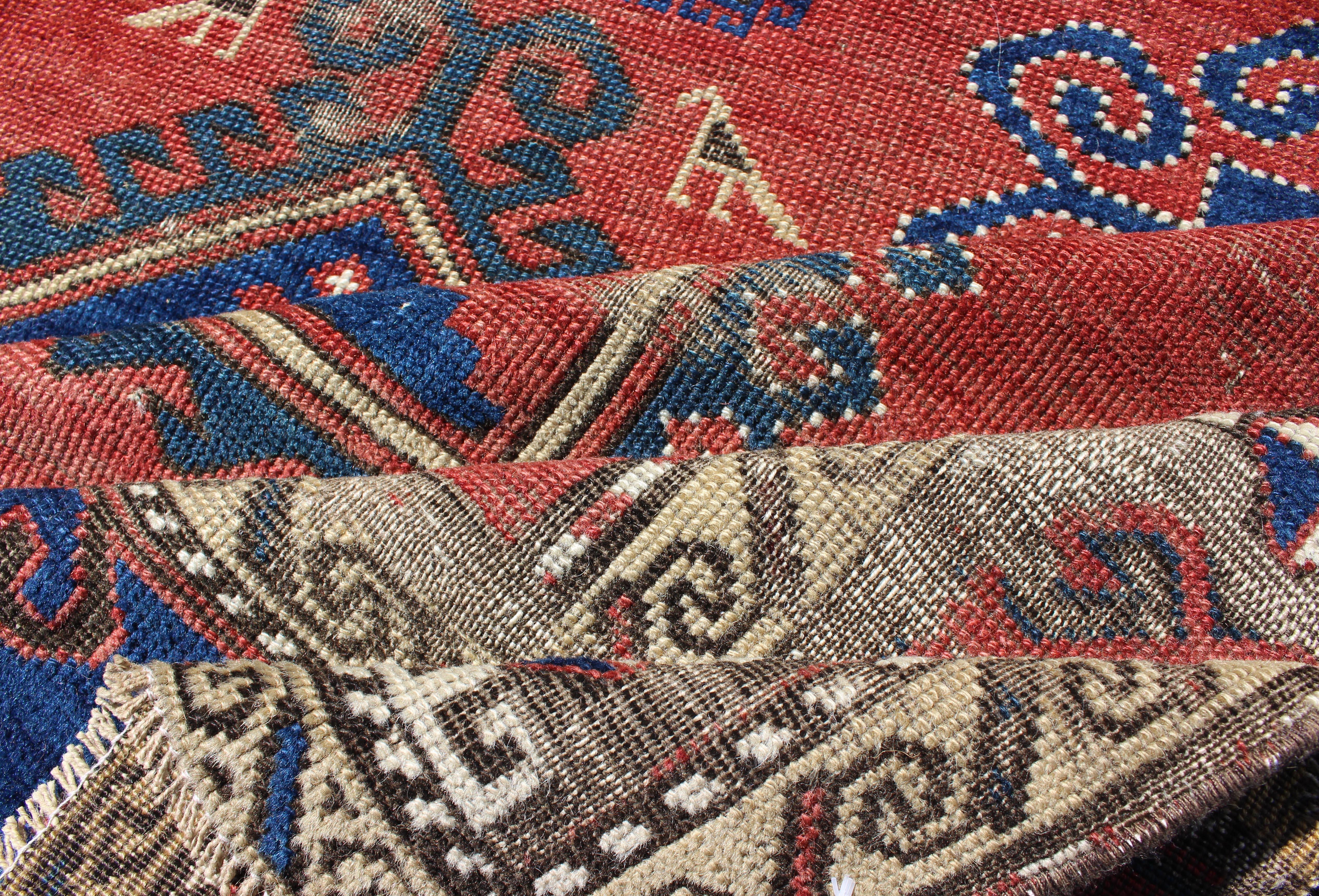 Late 19th Century Antique Caucasian Kazak Rug with Tri-Medallion Geometric Design in Red and Blue