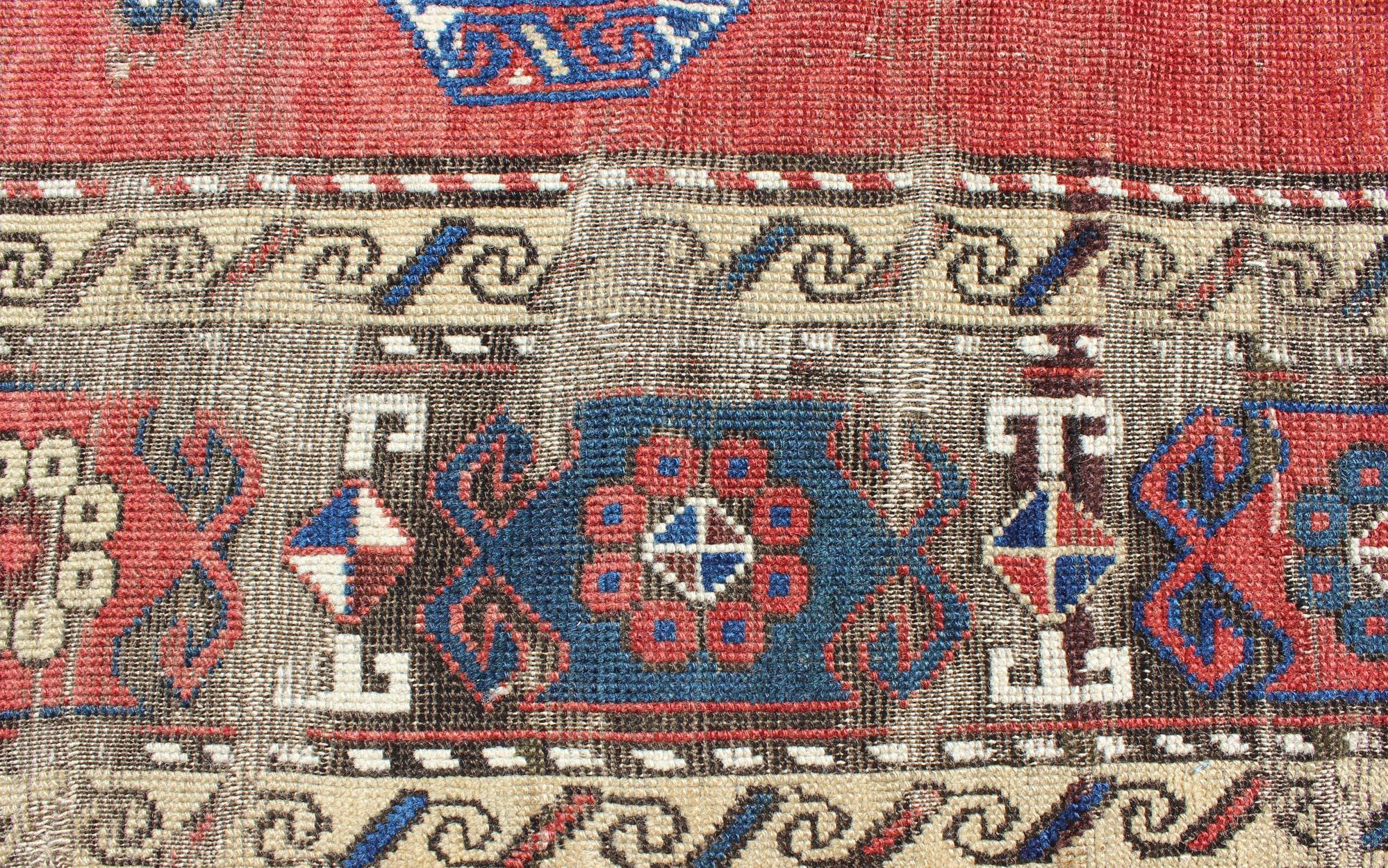 Antique Caucasian Kazak Rug with Tri-Medallion Geometric Design in Red and Blue 3