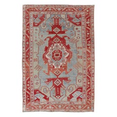 Antique Caucasian Kazak Rug with Tribal Geometric Medallion in Red & Lt. Blue