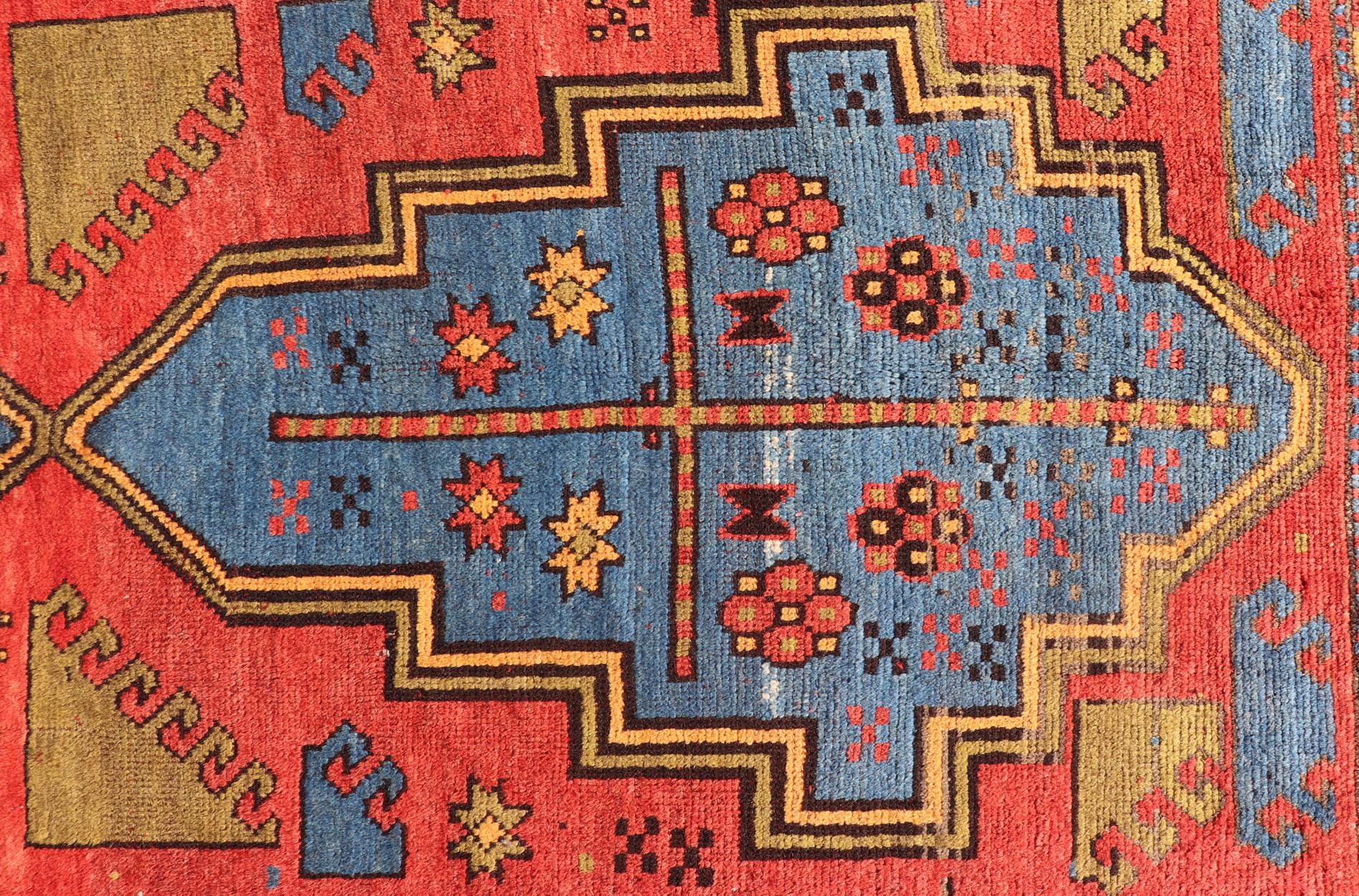 Antique Caucasian Kazak Rug with Tribal Geometric Medallion in Vivid Colors 4